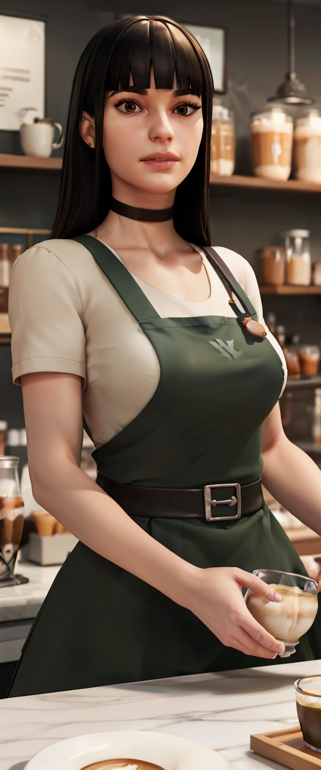 xyzcharlotte, 1girl, long hair, looking at viewer, portrait, masterpiece, best quality, blunt bangs, closeup, makeup, choker, 3d model, octane render,
Iced_Latte_With_Breast_Milk, green apron, countertop, cashier, register, coffee, holding cup