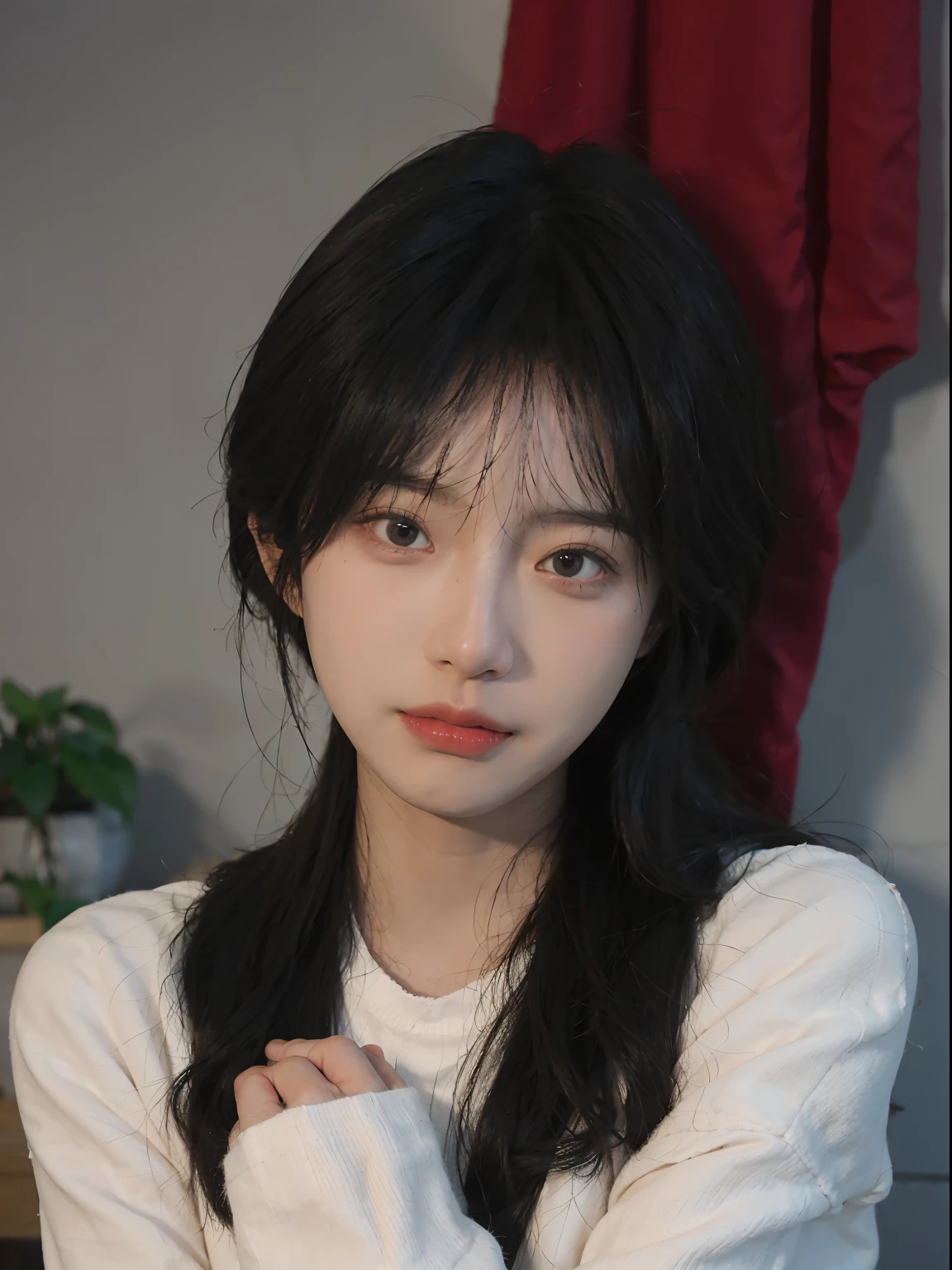 best qualtiy, 超高分辨率, (realisticlying:1.4), A woman with long black hair and a gray sweater, 中景 the scene is, she has red hair,By bangs, young lovely Korean faces, wan adorable korean face, ulzzangs, Shin Jinying, beautiful aesthetic face, Korean face features, Played by Liu Lee Ji Eun ,Beautiful realistic face