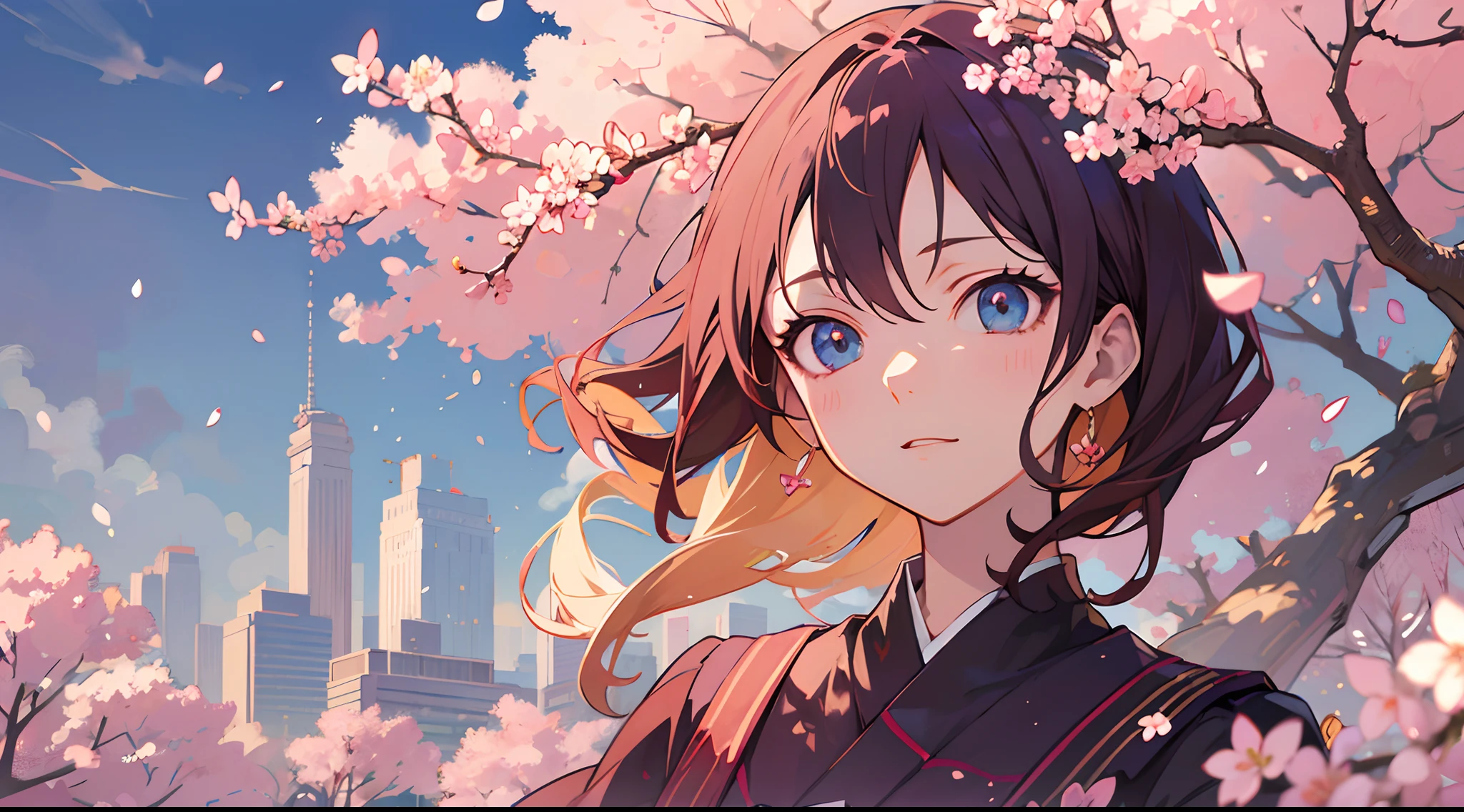 anime illustrated ((masutepiece)), ((ultra-detailliert)), ((Best Quality)), Beautiful detailed eyes, Detailed face, The best lighting, Best Shadows, Beautie、Cherry Blossom Dresses、City after rain