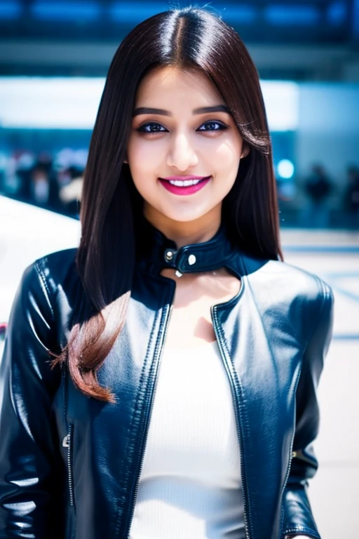 A stunning young Pakistani Young woman wearing black leather jacket white high neck blue jeans ombre hair color stands in front of a sleek, futuristic electric car at the Tokyo car expo, her long hair blowing in the wind as she smiles confidently at the camera.
