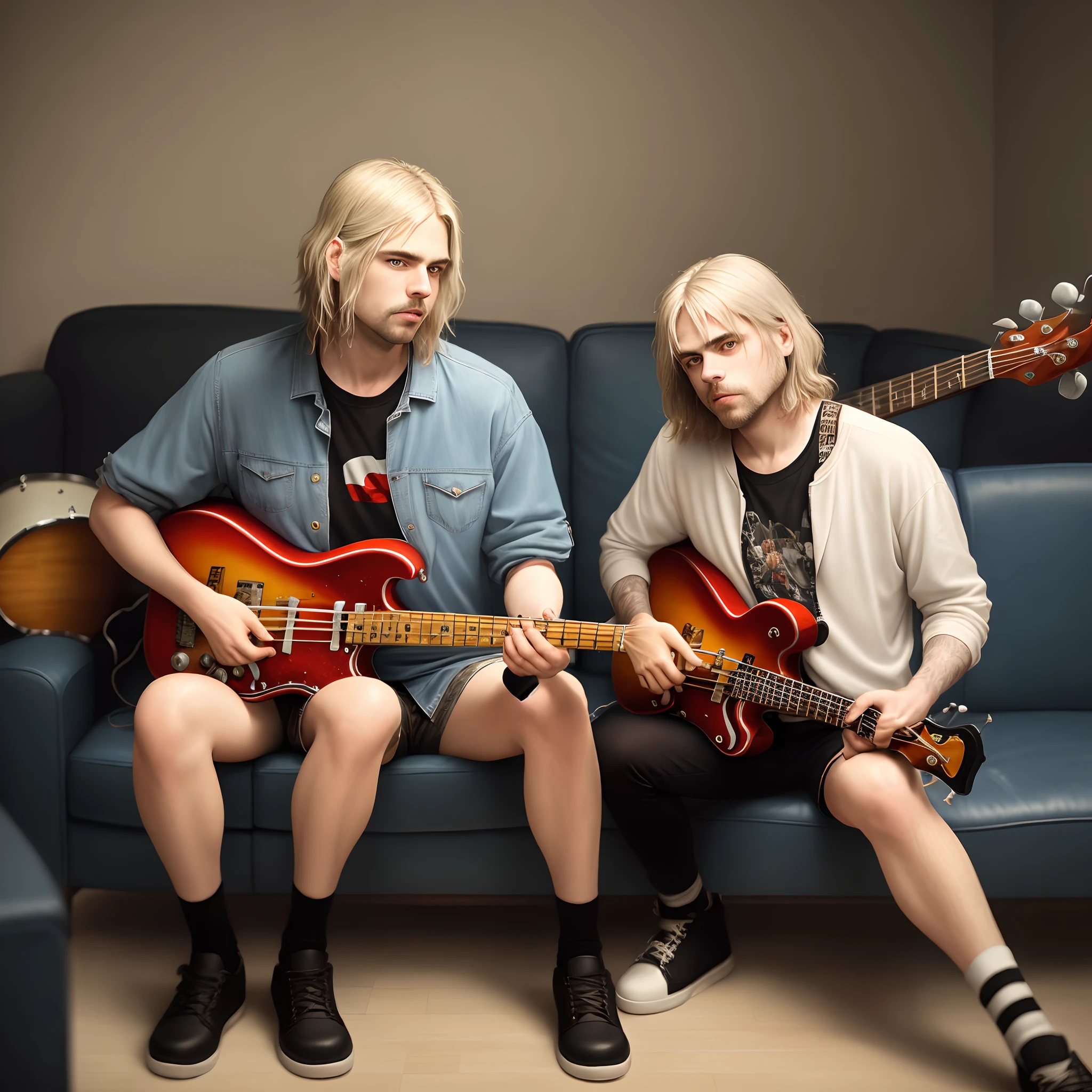 A hyper realistic photo of a Kurt cobain sitting on couch with a fender in his hands.On the left of him is krist noveselic with his bass and Dave growl on the right with drum sticks in his hand.