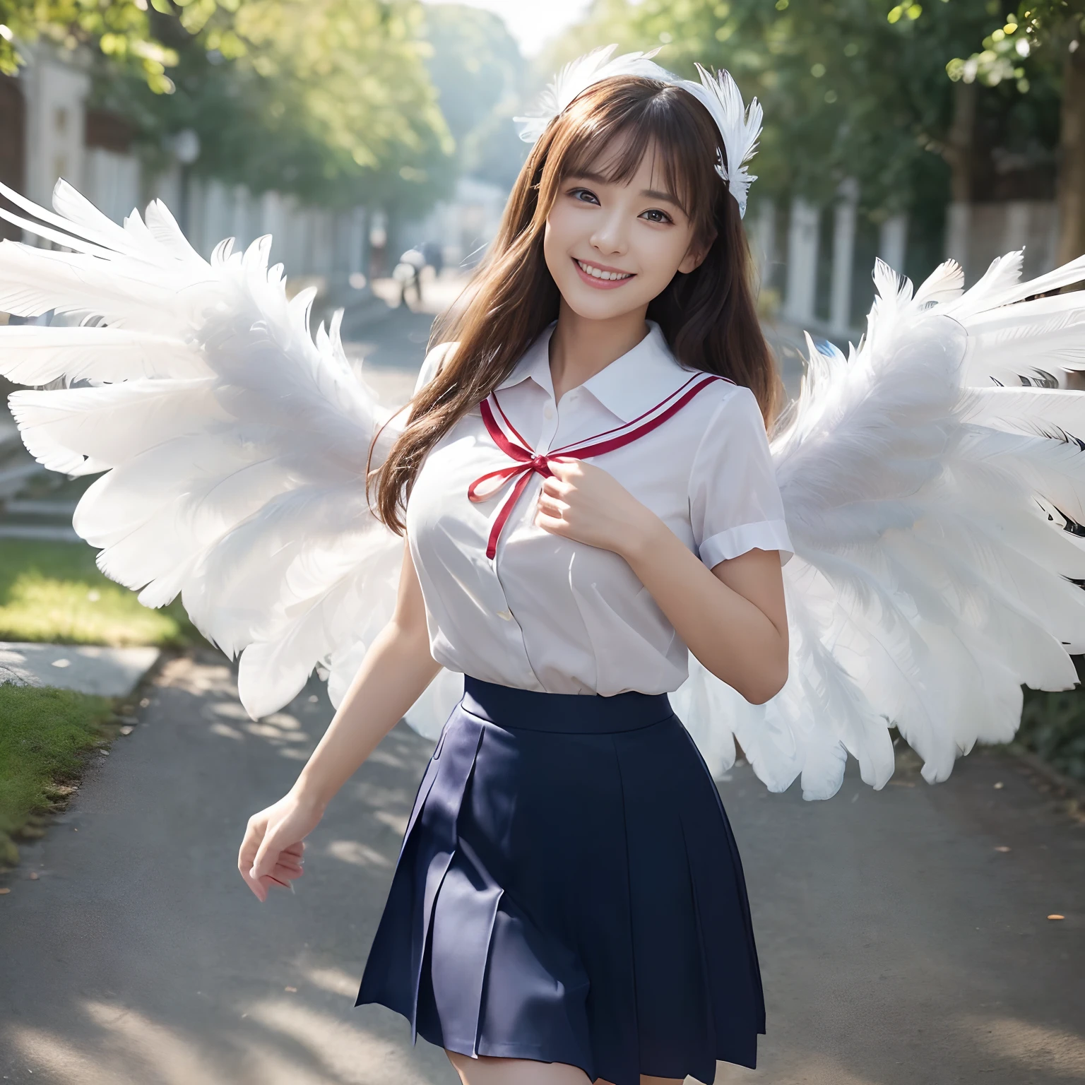 (((masutepiece、top-quality)))、(((((1 girl、White Uniform Shirt、It features a simple, Standard White Shirt、Red ribbon on chest、There is a red ribbon on the chest、large full breasts、Wearing a dark blue skirt、Navy skirt、Plain navy skirt、high-school uniform)))))、((Huge and realistic angel wings,The most detailed and intricate angel wings、Shimmering white feathers、facing front、Turn your body towards us、Facing the front、Plumage gives off a transparent shine、The feathers shine like a fairy tale、spectacular movie lighting、((The background is the route to school、Walking along the school route surrounded by nature、Walking on the way to school))、8K,An ultra-high picture quality,The face of the most beautiful actress,Mature female face、The biggest smile staring at the camera、Smiling at the camera、美丽的面容、Beautiful teeth、natural make up、long、straight haired、The feathers located on the back are、、、It shines like a translucent fairy tale))、A slender、bulky, Complex wings