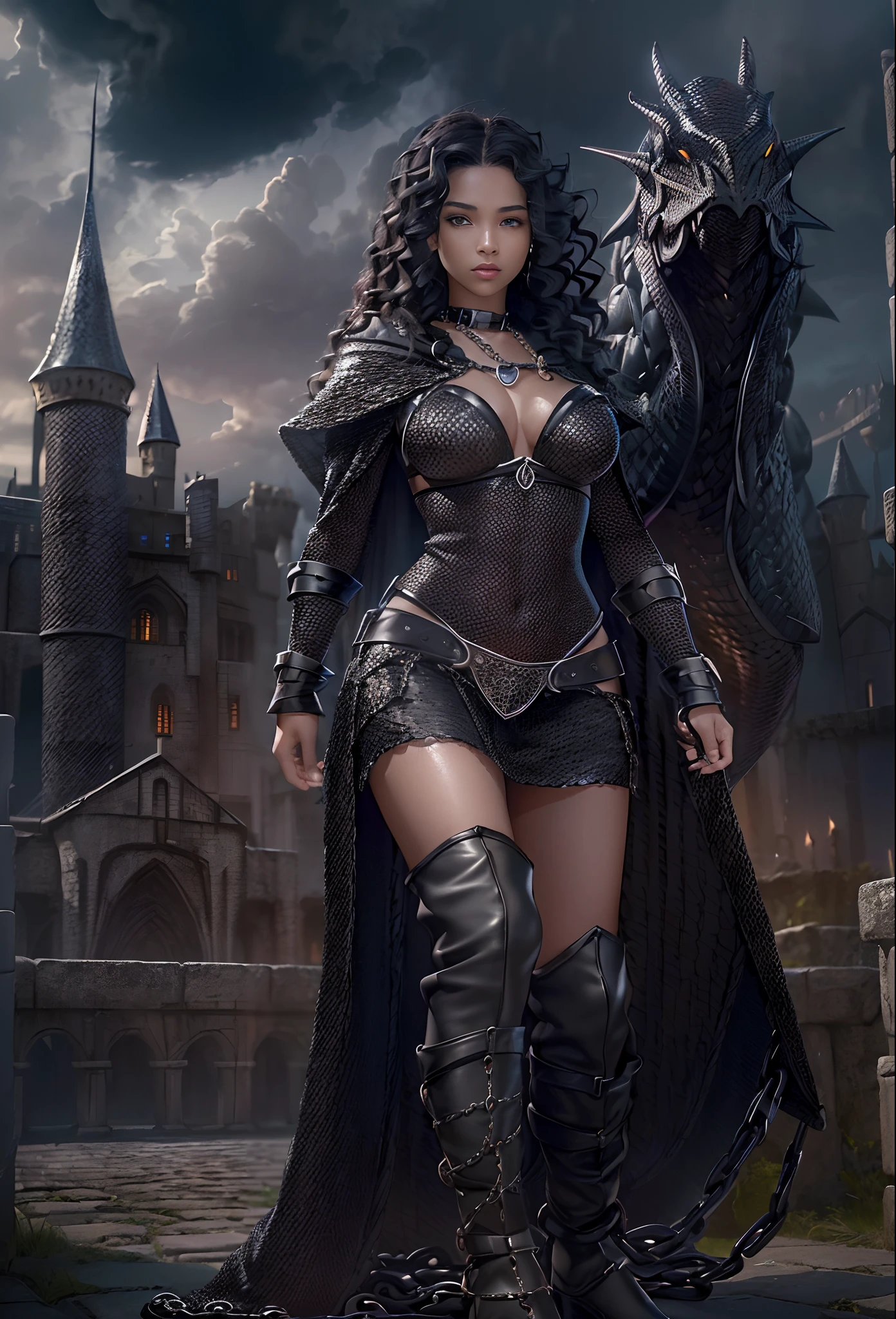 ((20-year-old))), girl, (((light skin))), (((full body pose))),  (((long curly black hair))), (((wearing tight chainmail micromini skirt, chainmail bra, open front cloak))), (((seamless, black, pantyhose))), pet dragon standing behind her,  dark castle in the background, dark fantasy, Rich, Deep Colours, (intricate details:0.9), (HDR, hyper-detailing:1.2), (natural skin textures, hyper realisitc, glistening skin, soft light, Sharp),