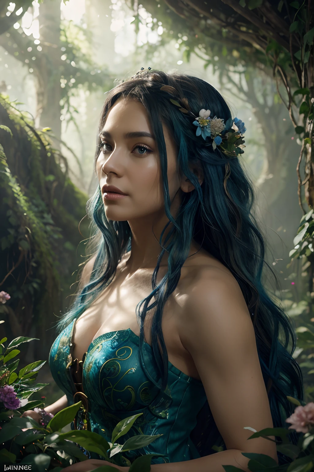 goddess dryad of the forest, strong expression, roots, concept art, rimlights, flowers overgrown, detailed flowing blue hair, Artgerm and Paul lewin and kehinde wiley, highly detailed digital painting, fantasy art, mystical, mesmerizing, fantastical, vibrant, majestic, mysterious, breathtaking, fantasy, fairytale, intricate, forest, flora, visually stunning, matte painting, concept art, trending on artstation