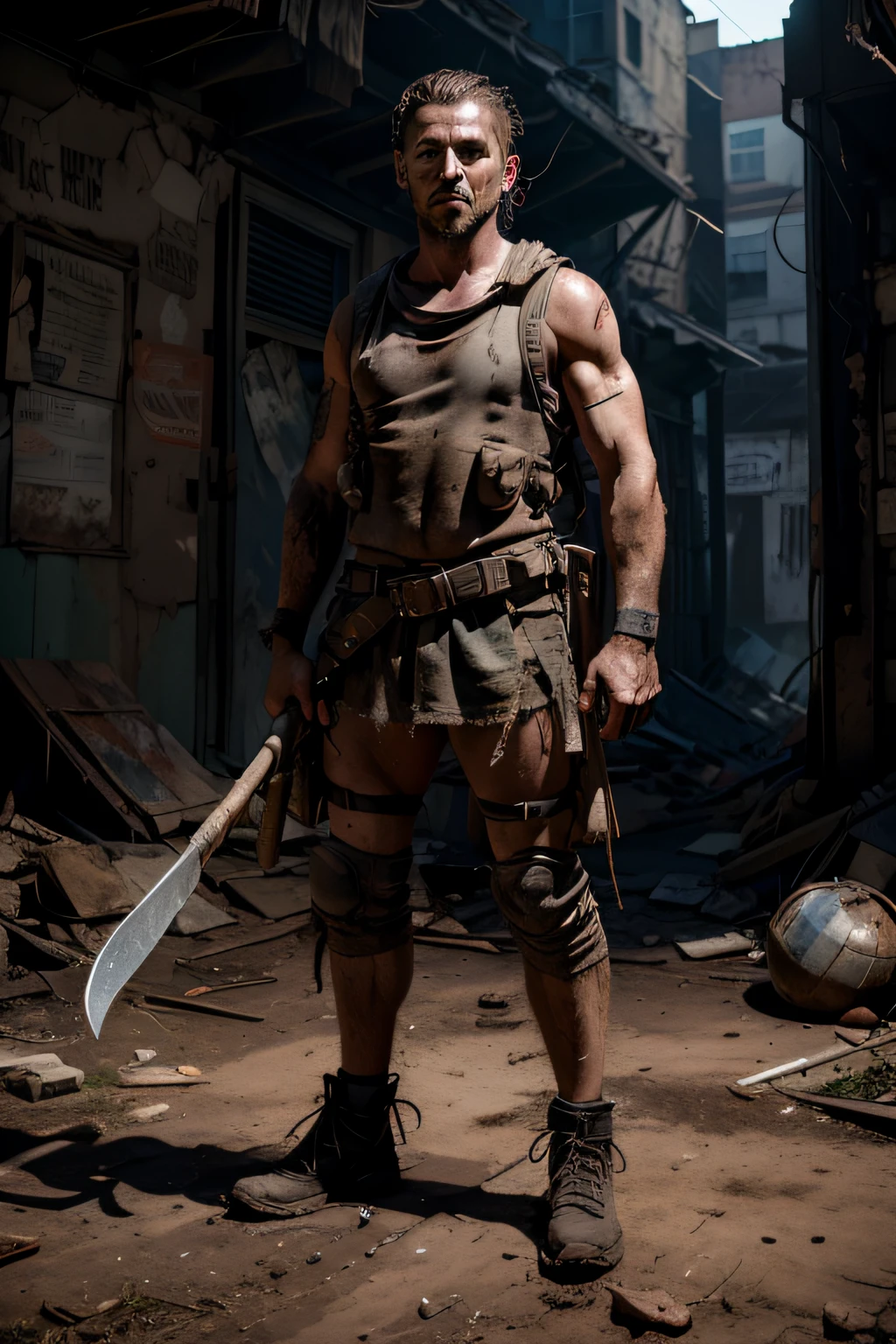 atleta, Post-apocalyptic survivor, with axe in hand, mochila de sobrevivente. roupa de futebol americano