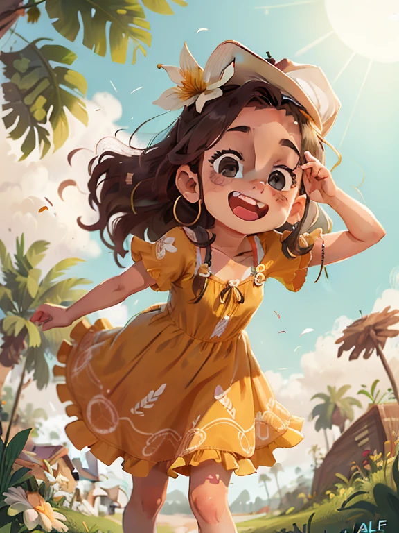 "(((Feliz e alegre))), (menina gordinha jovem) desfrutando de um dia ensolarado em um campo vibrante, (cute summer dress) saboreando uma fatia refrescante de melancia. Cabelos longos e cacheados comendo melancia."