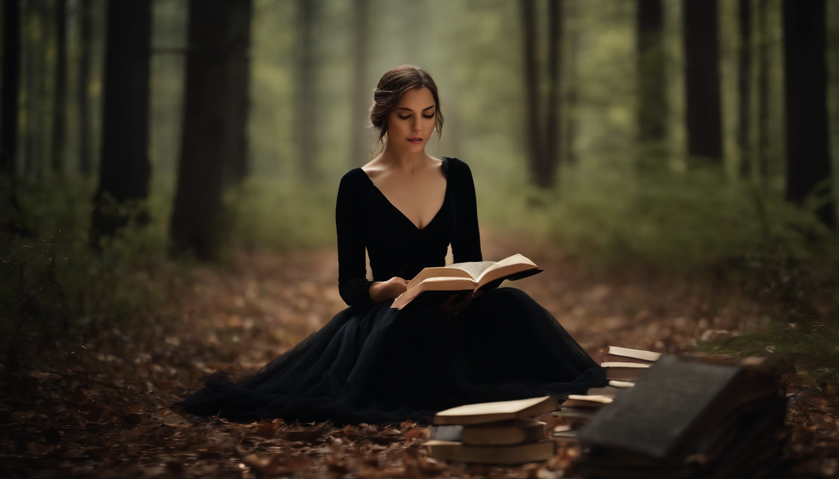 a womone)), sitting on the ground surrounded by books, flying books, books flying around, candles in a circle around her, spell casting, spell book pose, black gothic dress. Angry face, high quality fantasy, flying magic books, book portrait, dramatic reading book pose, reading, sitting in the forrest, night time, moonlight