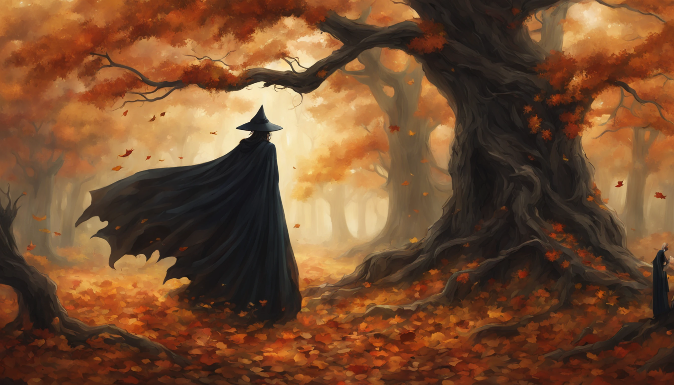 Autumn's warm embrace envelopes the countryside as nature unveils a masterpiece, a sinister witch, a spectral figure clad in tattered garments, to life amid an eerie autumn landscape, monstrous pet, towering behind her like an abyss, exudes malevolence