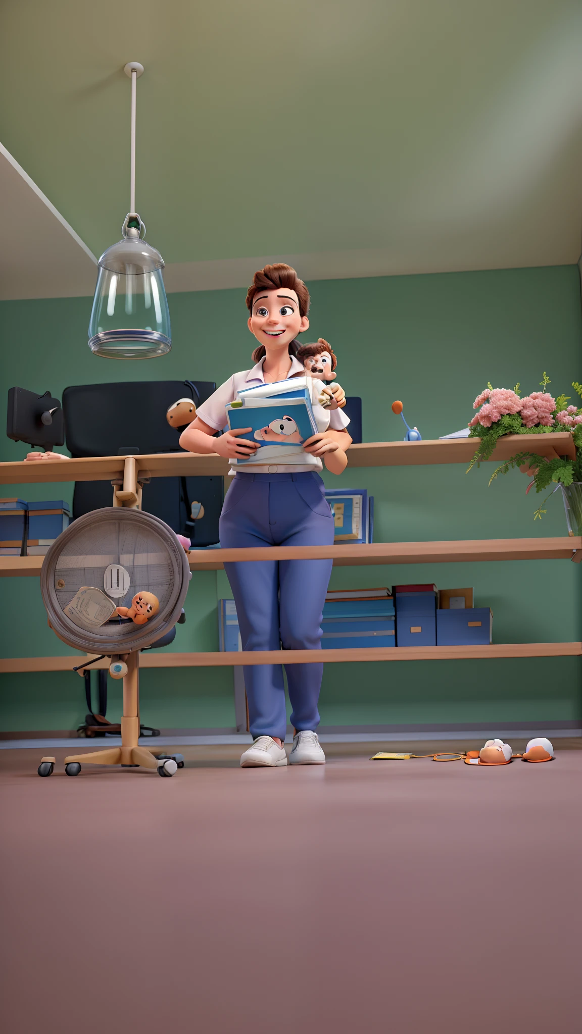 Disney-style physical therapist smiling in office, With a  playing with a book