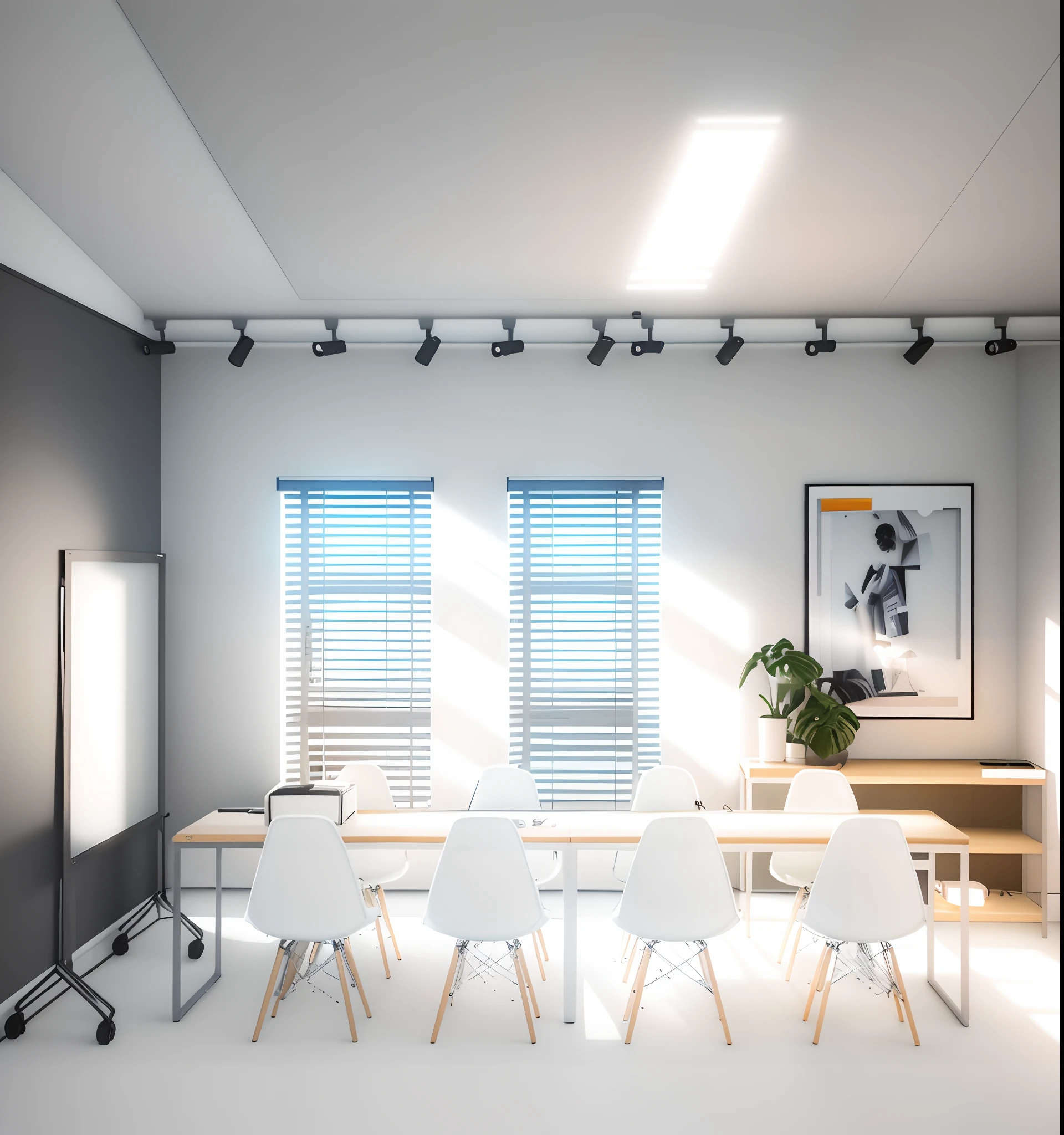 A rendering of a room with a table and chairs and a projector screen, 2 d render, Detailed rendering, photographic render, kitchenette and conference room, photo rendering, digital render, renderizado no enscape, altamente renderizado!!, renderizado, vista completa para o quarto, inspired by Martinus Rørbye, backrooms office space, com pano de fundo de luz natural, luz entrando pela janela, piso branco, parede preta ao lado, mesmas cores, parede cinza lateral,