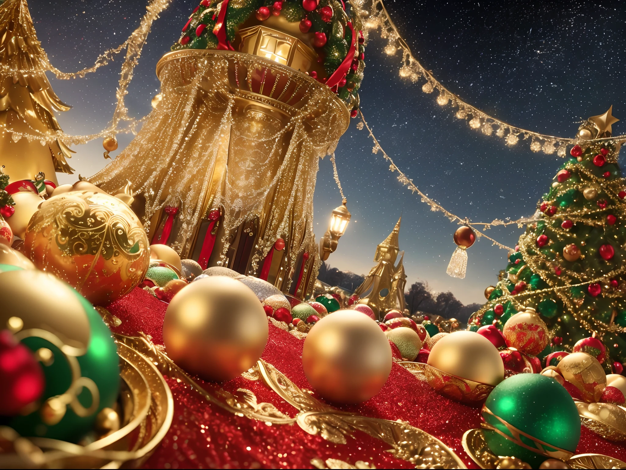 (best quality,4k,8k,highres,masterpiece:1.2),ultra-detailed,(realistic,photorealistic,photo-realistic:1.37), Earth-like planets hatching from golden, silver, and jewel-covered eggs arranged in mesmerizing fractal patterns. Multiple dimensions await as the eggs crack open, revealing stunning landscapes and ethereal beauty. Each planet adorned with Christmas-themed wonders, sparkling with holiday cheer. Warm, inviting lights illuminate the scene, casting a magical glow on the surroundings. Vibrant colors of red, green, and gold dominate the palette, creating a festive atmosphere. An extraordinary fusion of fantasy and Christmas magic, this artwork stands as a masterpiece, capturing the imagination and spreading Christmas joy through its every detail.