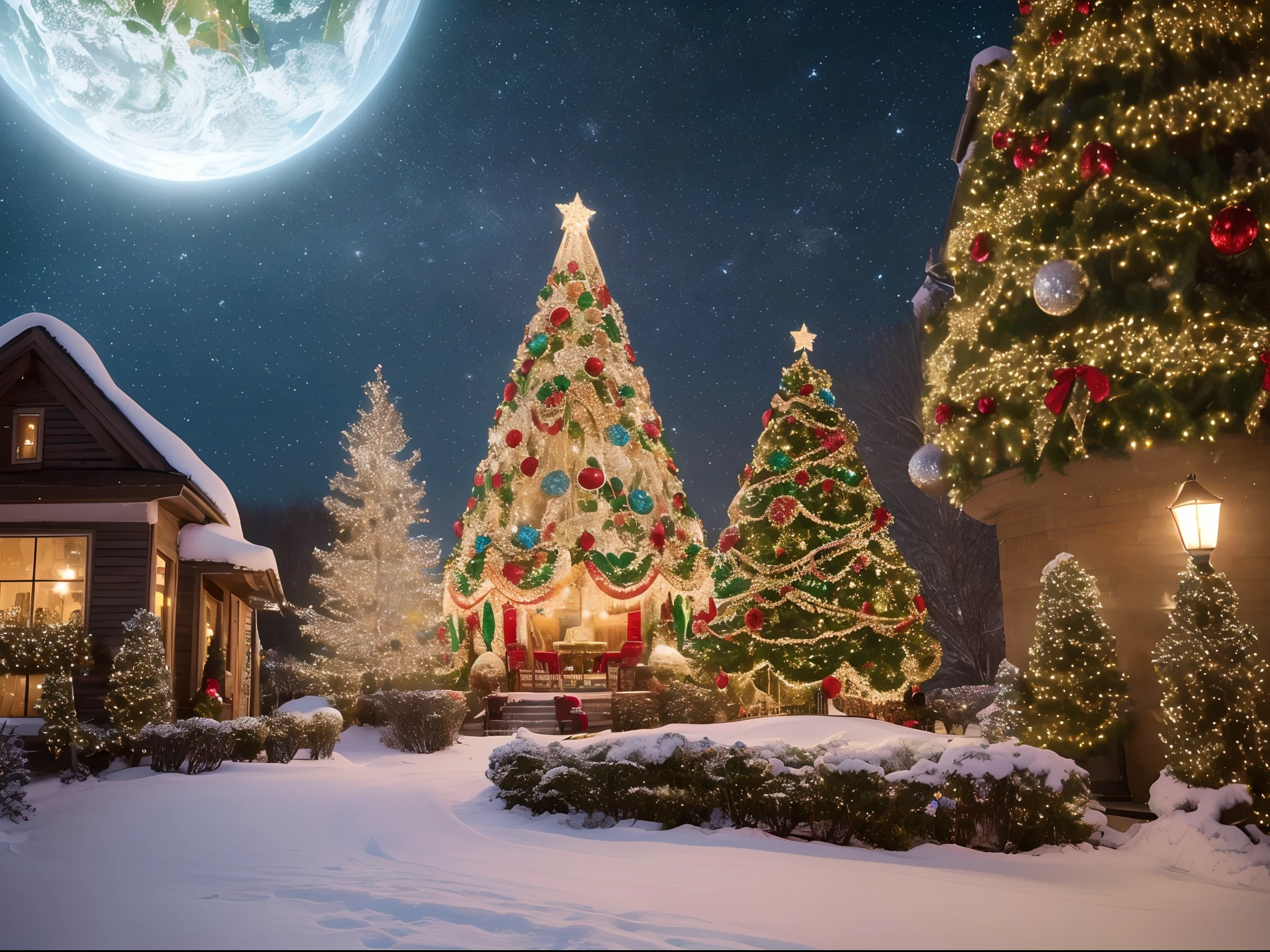 (best quality,4k,8k,highres,masterpiece:1.2),ultra-detailed,(realistic,photorealistic,photo-realistic:1.37), Earth-like planets hatching from golden, silver, and jewel-covered eggs arranged in mesmerizing fractal patterns. Multiple dimensions await as the eggs crack open, revealing stunning landscapes and ethereal beauty. Each planet adorned with Christmas-themed wonders, sparkling with holiday cheer. Warm, inviting lights illuminate the scene, casting a magical glow on the surroundings. Vibrant colors of red, green, and gold dominate the palette, creating a festive atmosphere. An extraordinary fusion of fantasy and Christmas magic, this artwork stands as a masterpiece, capturing the imagination and spreading Christmas joy through its every detail.