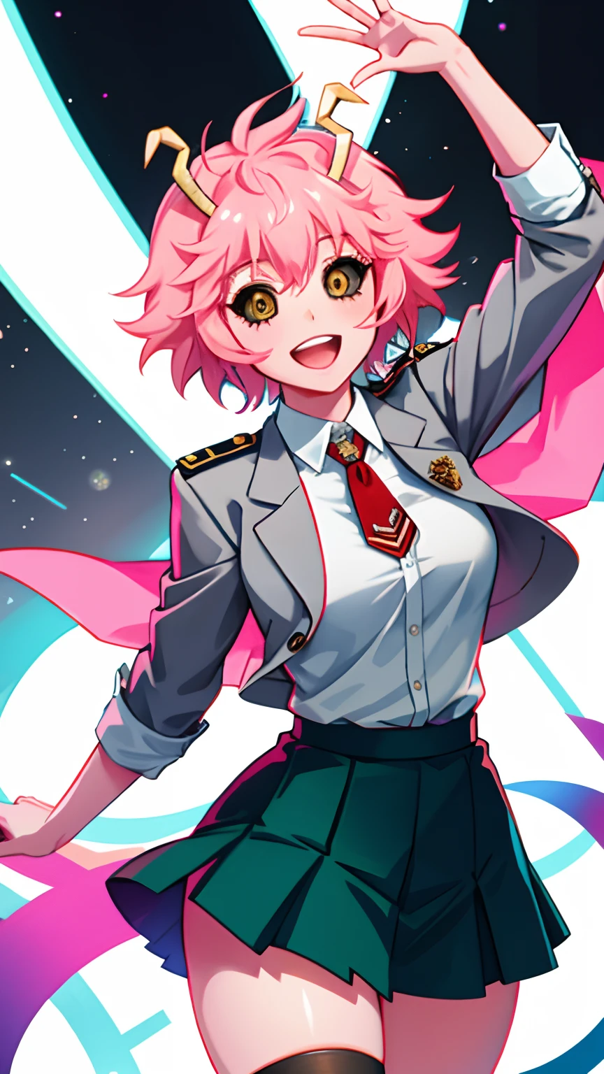 lumen reflections, natural lighting, evocative, triadic color scheme, cowboy shot, elegant, voluptuous:0.6, looking at viewer, 1girl, female, solo, blush, open mouth, smile, teeth, sfw, mina ashido, jacket, grey jacket, tie, red tie, skirt, green skirt, pleated skirt, socks, black socks, knee high socks