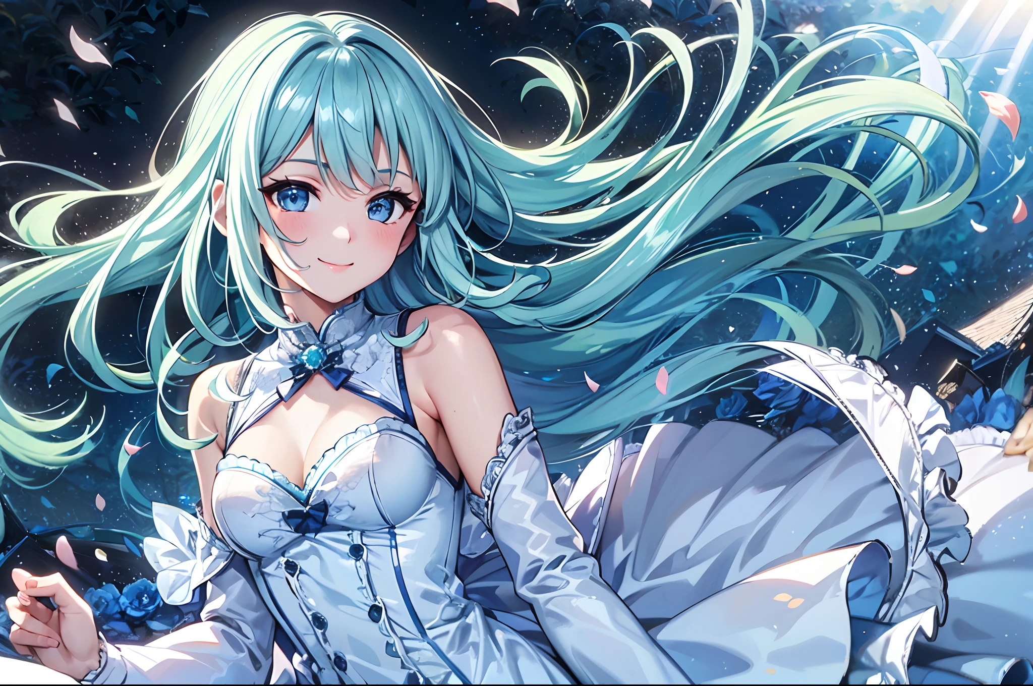 Best Quality, tmasterpiece, Cute girl at 18 years old, long light blue shiny hair, e Blue Eyes, flower field,Dynamism,dance, Gentle face,kindly smile, Wearing a floral long-sleeved ruffled blouse, Show your upper body, Shining sunlight,