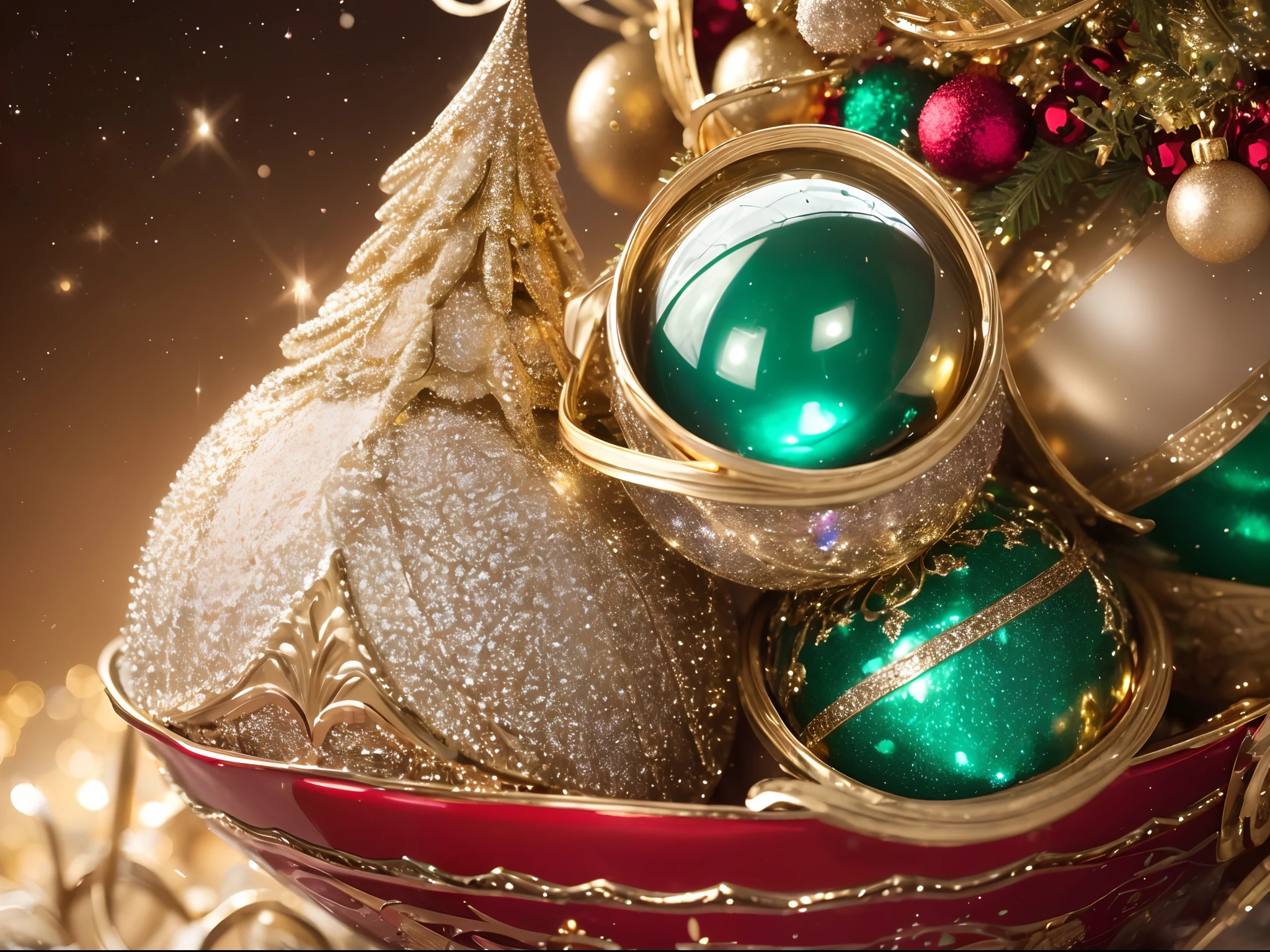 (best quality,4k,8k,highres,masterpiece:1.2),ultra-detailed,(realistic,photorealistic,photo-realistic:1.37), Earth-like planets hatching from golden, silver, and jewel-covered eggs arranged in mesmerizing fractal patterns. Multiple dimensions await as the eggs crack open, revealing stunning landscapes and ethereal beauty. Each planet adorned with Christmas-themed wonders, sparkling with holiday cheer. Warm, inviting lights illuminate the scene, casting a magical glow on the surroundings. Vibrant colors of red, green, and gold dominate the palette, creating a festive atmosphere. An extraordinary fusion of fantasy and Christmas magic, this artwork stands as a masterpiece, capturing the imagination and spreading Christmas joy through its every detail.