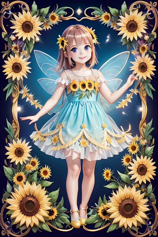 Cute fairy with a sense of transparency、bright smile、Have fun playing、cute background、bright background、sunflower background、baby