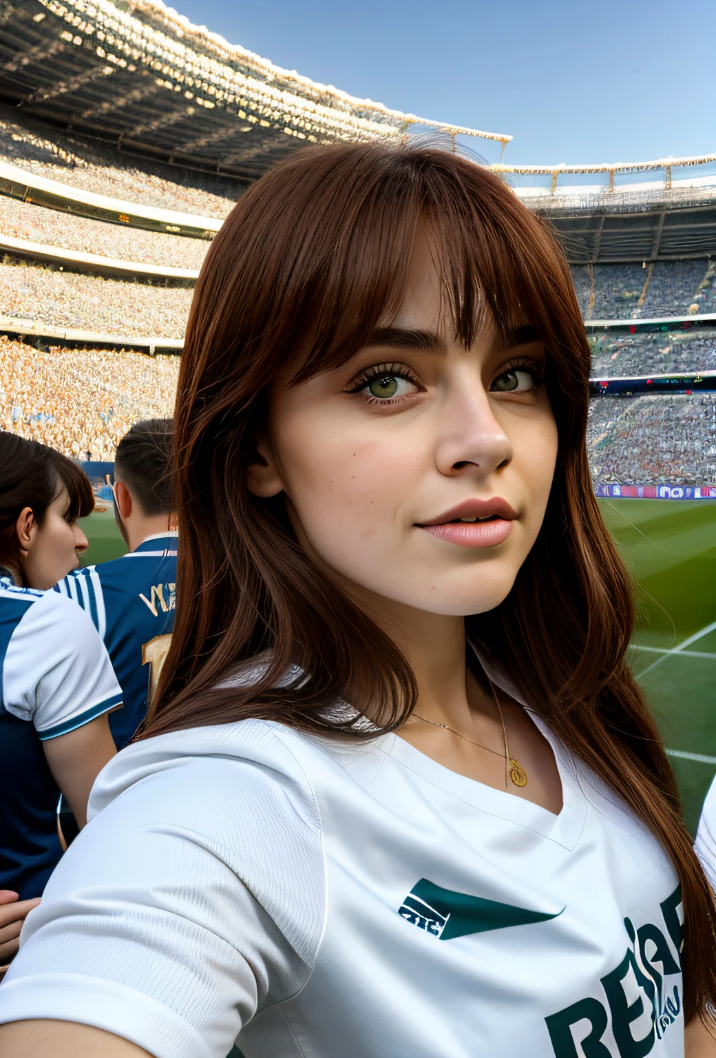 hembra, 21 years old, Pelo rojo, ojos almendrados verdes, Cara perfecta y hermosa, pechos grandes y piel blanca, viendo un partido de futbol con la camiseta Del Real madrid, at the Santiago Bernabéu Stadium, in the stands surrounded by the fans