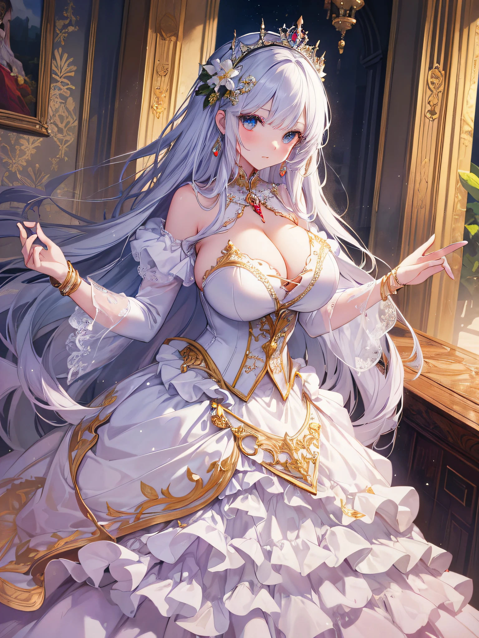 anime artstyle,Masterpiece,(Best Quality), (Super Detail),(Very Delicate and Beautiful),(Solo),((full body portrait)),full body,full body portrait,(detailed face and eyes),jewel-like beautiful eyes,((1 princess in a beautiful embroidery and jeweled rococo princess ballgown with voluminous full length hoop skirt)),((fantasy castle,outdoors,outside the castle)),((Crinoline,Long Train)),super detailed gorgeous princess ballgown with voluminous full length hoop skirt,jeweled Gorgeous rococo princess ballgown with long train,jeweled Gorgeous rococo princess ballgown with long train,gorgeous rococo princess ballgown with beautiful embroidery and jeweled,((large amount of straight hair,extremely voluminous Very Long straight Hair,Absolutely Long Straight Hair)),(((very gigantic boobs,cleavage))),long_gloves,extremely gorgeousfull hair ornament,bling-bling extremely gorgeousfull jeweled tiara,luxurious jewelry,full body portrait