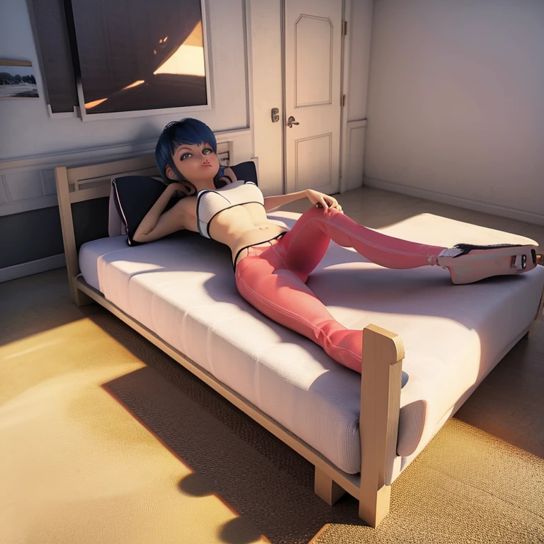 lying on the bed, spread her legs , erotic underwear, naked beautiful breasts