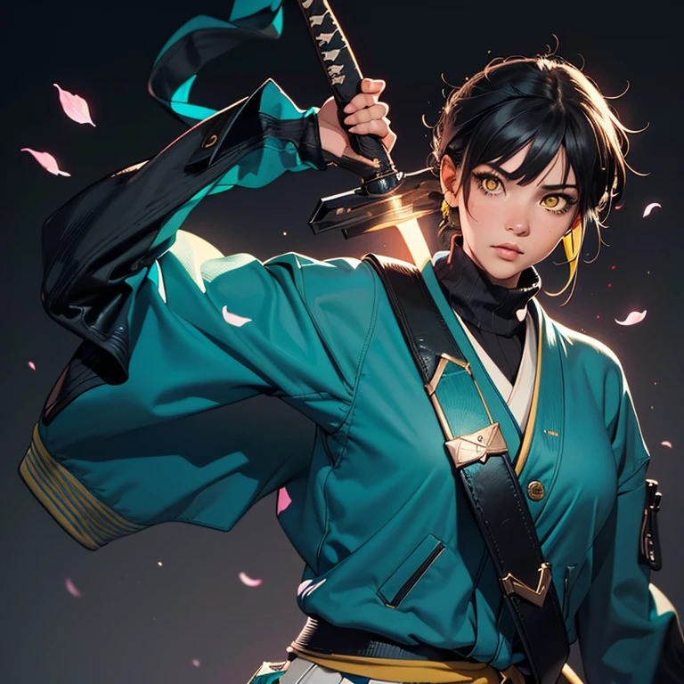 Feminine, HoldingSword, best quality, 1girl, solo, petals, masterpiece, best quality, 1girl, full body, ((Teal Long Cardigan Jacket with Long Oversized Sleeves worn)), ((yellow-eyes)), Black turtleneck worn underneath. She also wears very Baggy blue knee-length pants and Militaristic Cuff Boots. ((masterpiece)), (((intense))), (((extreme detailed))), (((top quality))), best quality, Shoulder-length Messy black hair, (high resolution textures), (intricate details, hyperdetailed:1.15), detailed, (high contrast, official art, extreme detailed, highest detailed), the woman is a teenager, with a determined expression on her face. With a sense of danger and intensity, beautiful face, Long Black hair, teenage woman, with yellow-eyes, intricate details, Long Jeans, Scarf wrapped around her neck, Teal Long Cardigan Jacket with Long Oversized Sleeves worn, a Black turtleneck worn underneath. She also wears very Baggy Hakama and Militaristic Cuff Boots.