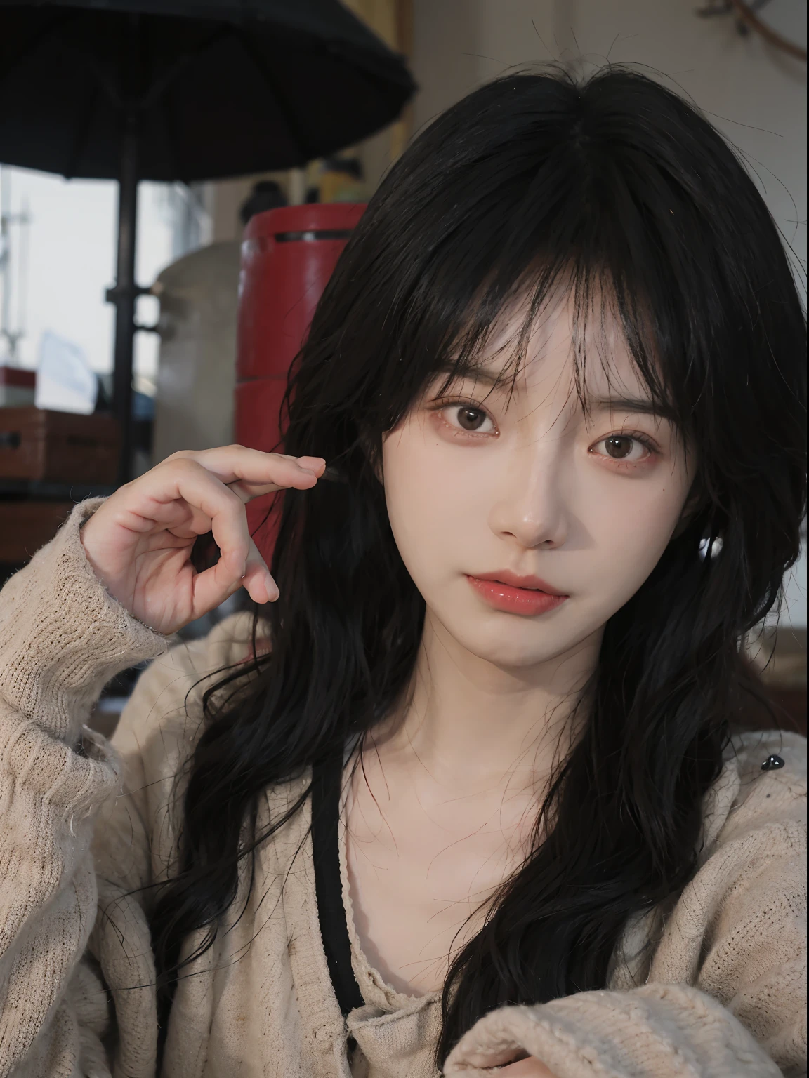 best qualtiy, 超高分辨率, (realisticlying:1.4), A woman with long black hair and a gray sweater, 中景 the scene is, she has red hair,By bangs, young lovely Korean faces, wan adorable korean face, ulzzangs, Shin Jinying, beautiful aesthetic face, Korean face features, Played by Liu Lee Ji Eun ,Beautiful realistic face