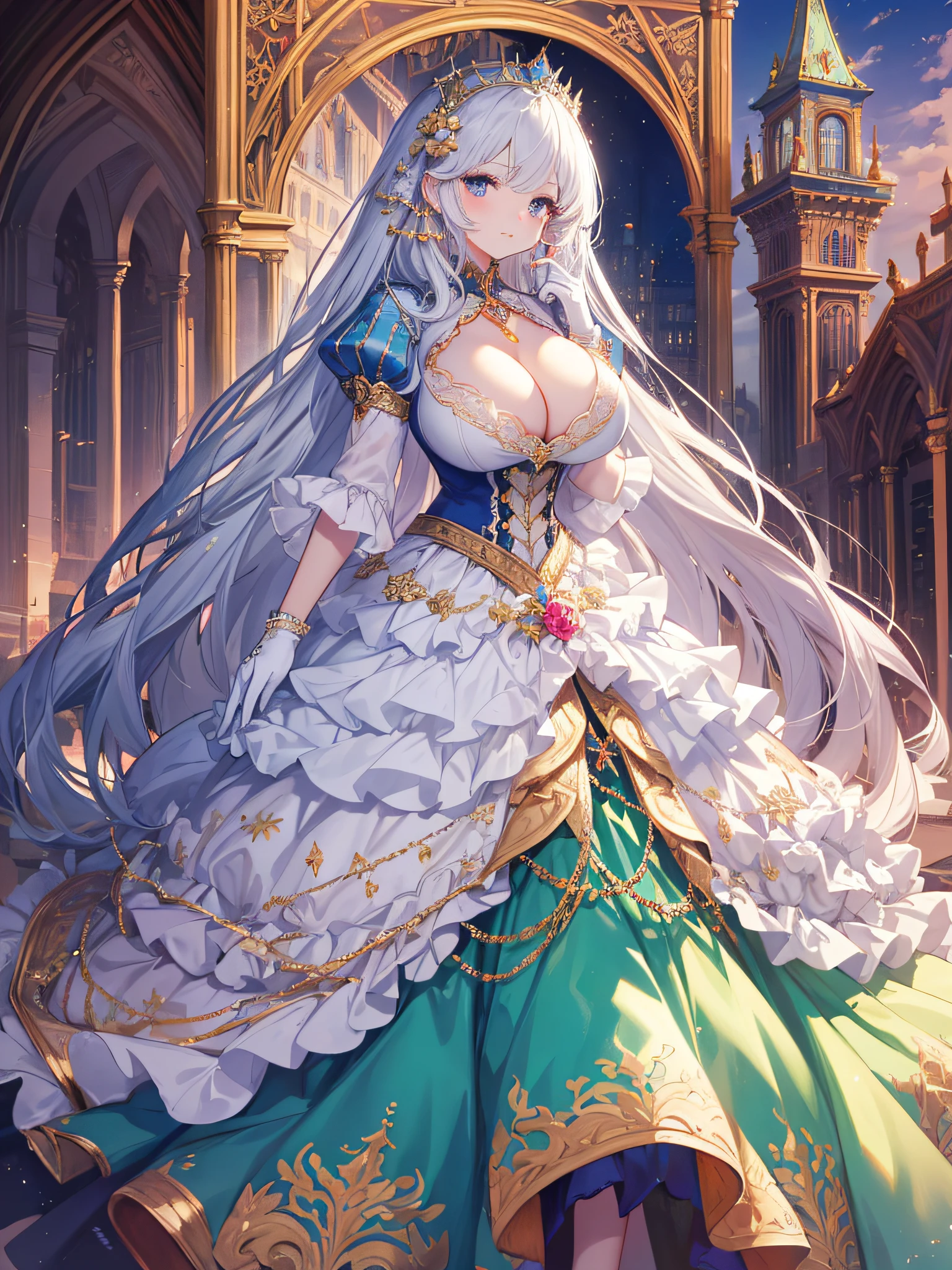 anime artstyle,Masterpiece,(Best Quality), (Super Detail),(Very Delicate and Beautiful),(Solo),((full body portrait)),full body,full body portrait,(detailed face and eyes),jewel-like beautiful eyes,((1 princess in a beautiful embroidery and jeweled rococo princess ballgown with voluminous full length hoop skirt)),((fantasy castle,outdoors,outside the castle)),((Crinoline,Long Train)),super detailed gorgeous princess ballgown with voluminous full length hoop skirt,jeweled Gorgeous rococo princess ballgown with long train,jeweled Gorgeous rococo princess ballgown with long train,gorgeous rococo princess ballgown with beautiful embroidery and jeweled,((large amount of straight hair,extremely voluminous Very Long straight Hair,Absolutely Long Straight Hair)),(((very gigantic boobs,cleavage))),long_gloves,extremely gorgeousfull hair ornament,bling-bling extremely gorgeousfull jeweled tiara,luxurious jewelry,full body portrait