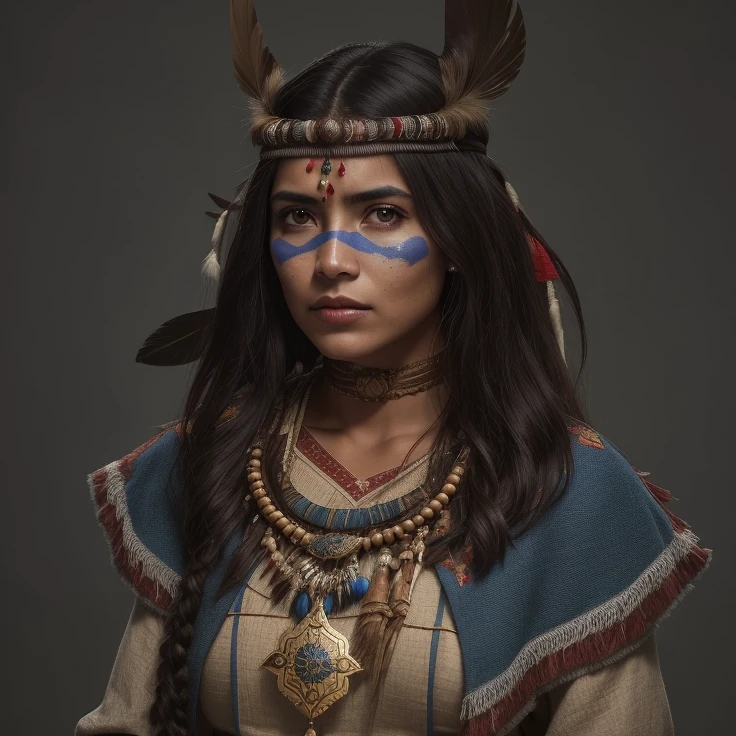 um close up de uma mulher com o rosto e o cocar pintados, protagonista feminina, Guerreira do Norte, personagem feminina, maia realista, personagem de fantasia hiperdetalhado, Personagem altamente detalhado, INDIAN, cinematic full character, Nativo americano, Guerreira adulta do norte, a young female shaman, modelos de caracteres de alto detalhe, maia 8 mil, modelagem de caracteres, Iconic character of high detail,
