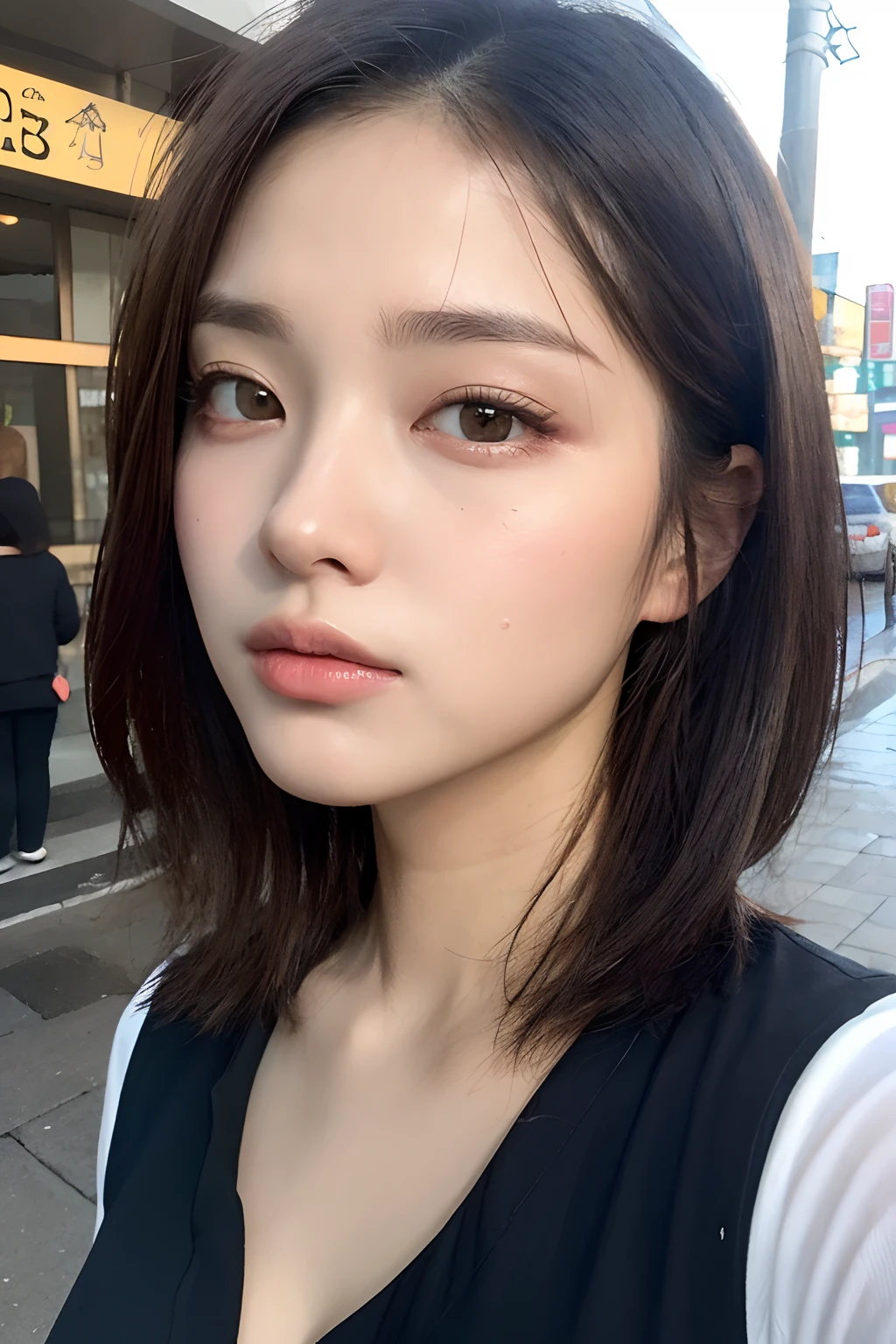 ((Best Quality, 8K, masutepiece: 1.3)), sharp: 1.2, Perfect Body Beauty: 1.4, Slim abs: 1.2, ((Layered hairstyle, Large breasts: 1.2)), cleavage, (Wet white unbuttoned long shirt: 1.1), (Rain, Street: 1.2), Wet: 1.5, Highly detailed face and skin texture, Detailed eyes, Double eyelids, side face looking at the camera