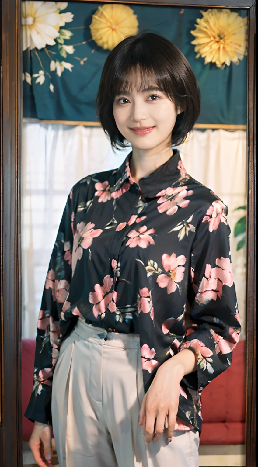 93
(a 20 yo woman,is standing), (A hyper-realistic), (masutepiece), ((short-hair:1.46)), (Smooth black hair), wear long pants, (Wearing a long-sleeved shirt with a floral print), (painterly、picture frame), (Gentle smile), (Keep your mouth shut)