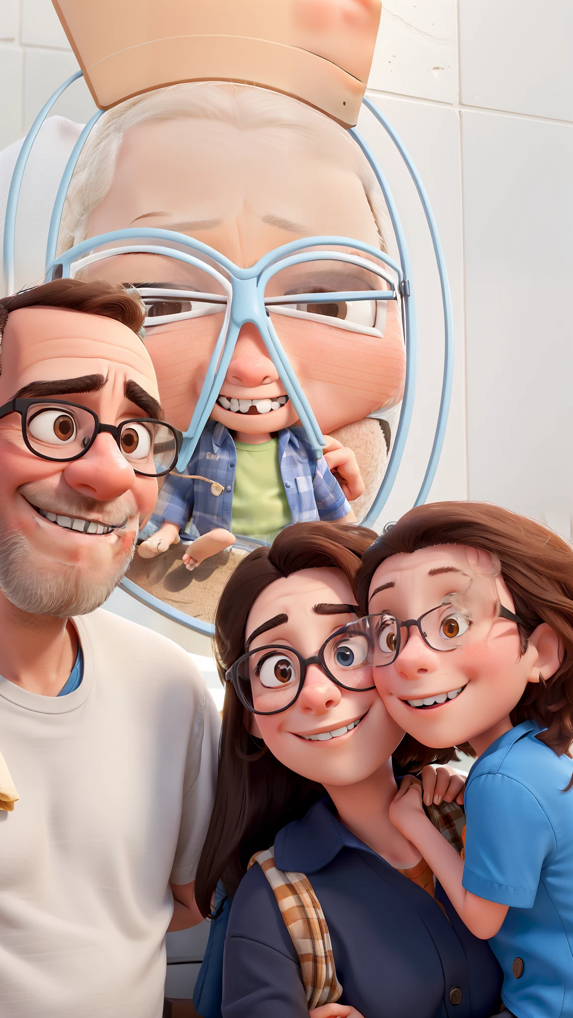 Happy family photo, Man in glasses, cabelo curto e camisa branca, Woman with short black hair holding child on lap of brown hair and blue clothes
