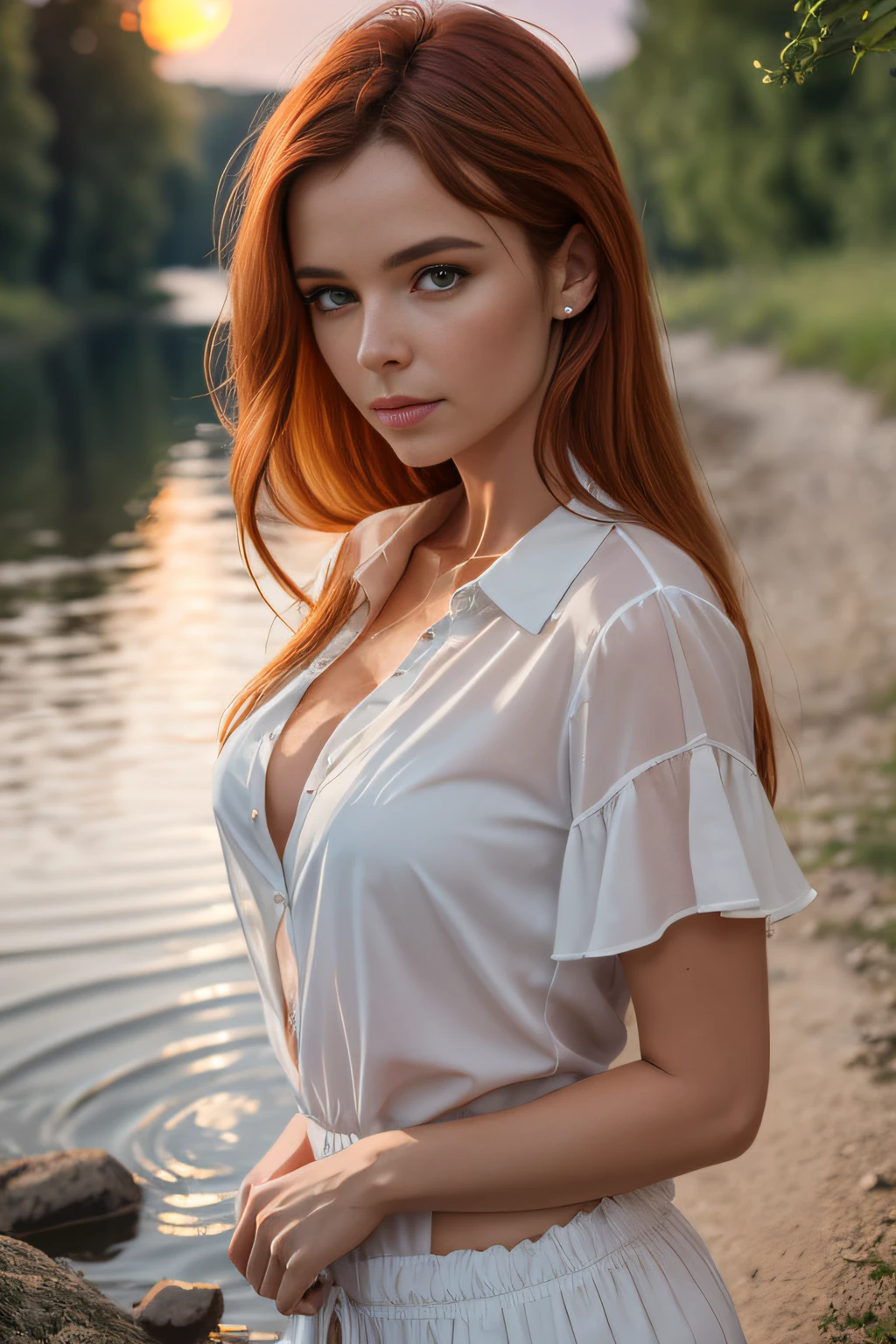 Portrait d'une rousse de 26 ans aux yeux verts, Frenchwoman, Chest close-up, unbuttoned white blouse, pas de soutien gorge, petits seins, petite poitrine, en petite culotte, Ultra-detailed skin texture, sexuality, seduction, regard amoureux, Standing in a river, rochers, arbres, soleil couchant, cinematic rendering, 32K, facial sharpness