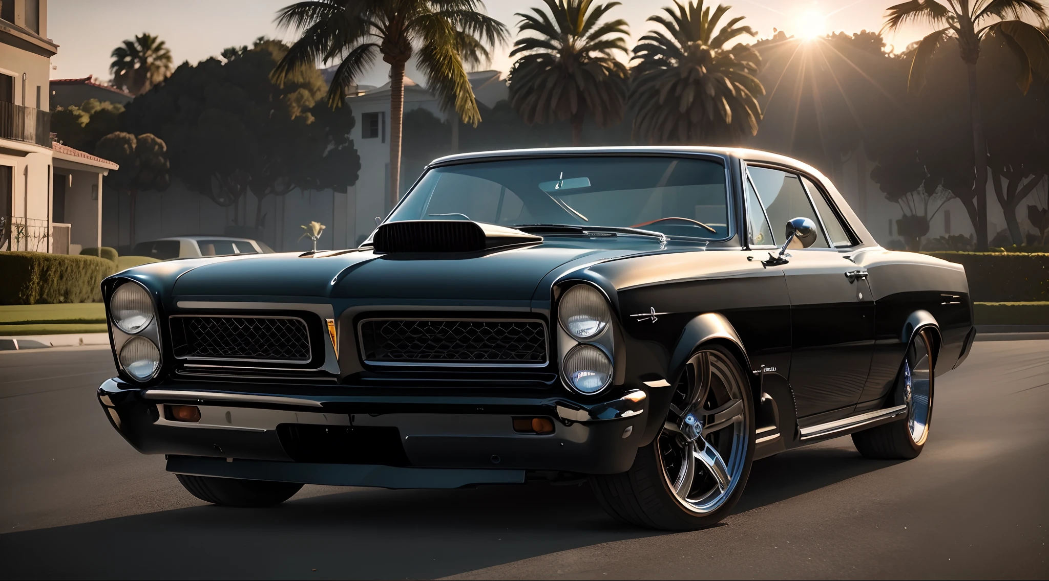 Imponente Preto Pontiac 1965 Show Car, enormes rodas BBS, Ridiculously low posture parked near palm trees and beautiful mansions with balconies by the sea with the sun shining and reflecting everywhere and on the yachts in the background in sunny California