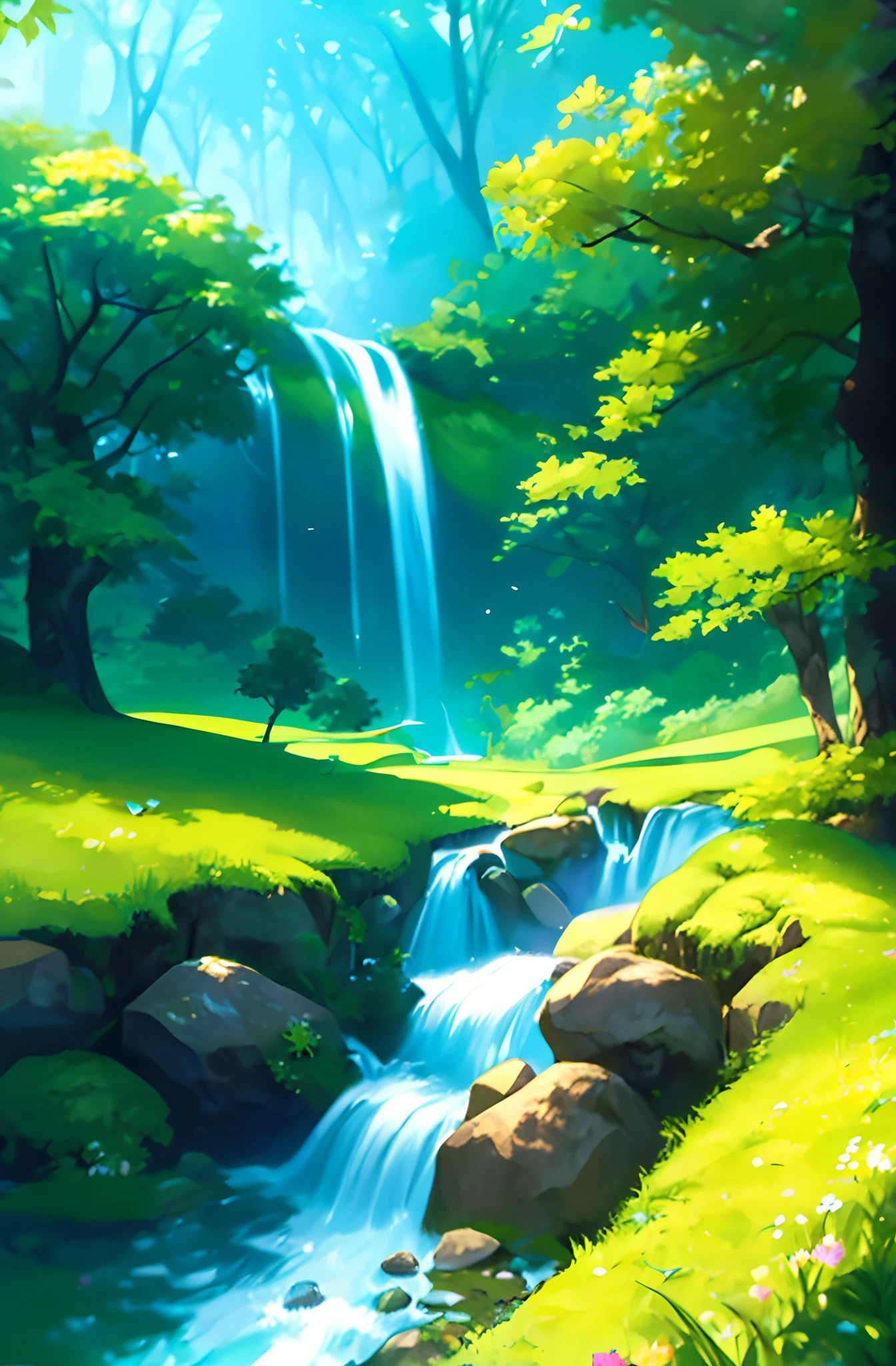 A painting of a waterfall in a green forest with rocks and trees ...