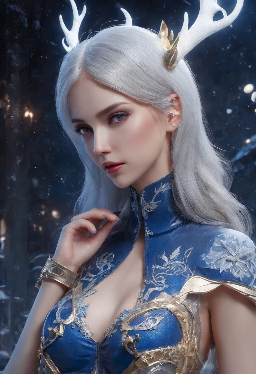 Cirila Fiona Ellen Rhiannon,Highest image quality,excellent details,超A high resolution,(fidelity:1.4), Favor the details,Reindeer Ride,High-tech reindeer nightmecha,He has a delicate and beautiful face,((Blue-white flying semi-mechanical fuselage:1.8)),Raised sexy,frontage,futuristic cities,Mechanically aesthetic,Virtual Engine 5,Perfect Detail Rendering,rendering by octane,Each planet decorated with a Hyper HD Christmas-themed wonder, Sparkling with holiday cheer. Warm, Attractive lights illuminate the scene, Cast a magical glow around you. Bright red color, Green, And gold dominates the palette, Create a festive atmosphere. An extraordinary blend of fantasy and Christmas magic, This work is a masterpiece, Let the imagination run wild、Spread the joy of Christmas down to the smallest detail.