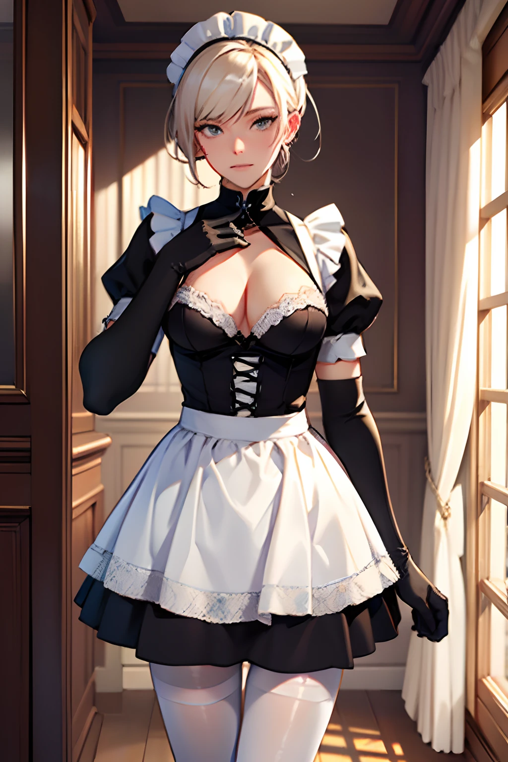 (masutepiece)(high-level image quality):1:3) femele White Long Gloves((blanche)(gloves)) white stockings((blanche)(pantyhose)) an lingerie(Maids) pumps is standing The hair(short)