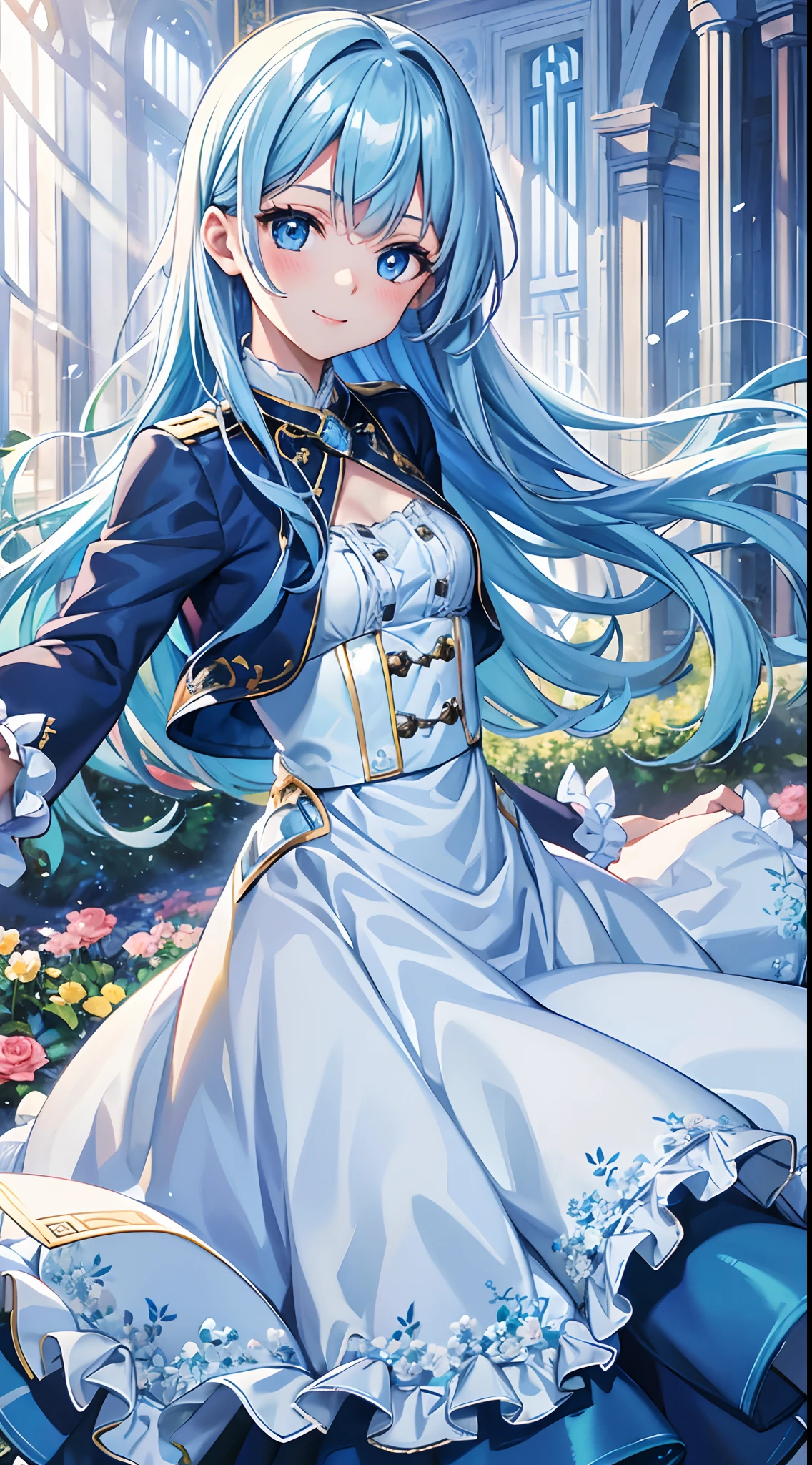 Best Quality, tmasterpiece, Cute girl at 18 years old, long light blue shiny hair, e Blue Eyes, flower field,Dynamism,dance, Gentle face,kindly smile, Wearing a floral long-sleeved ruffled blouse, Show your upper body, Shining sunlight,