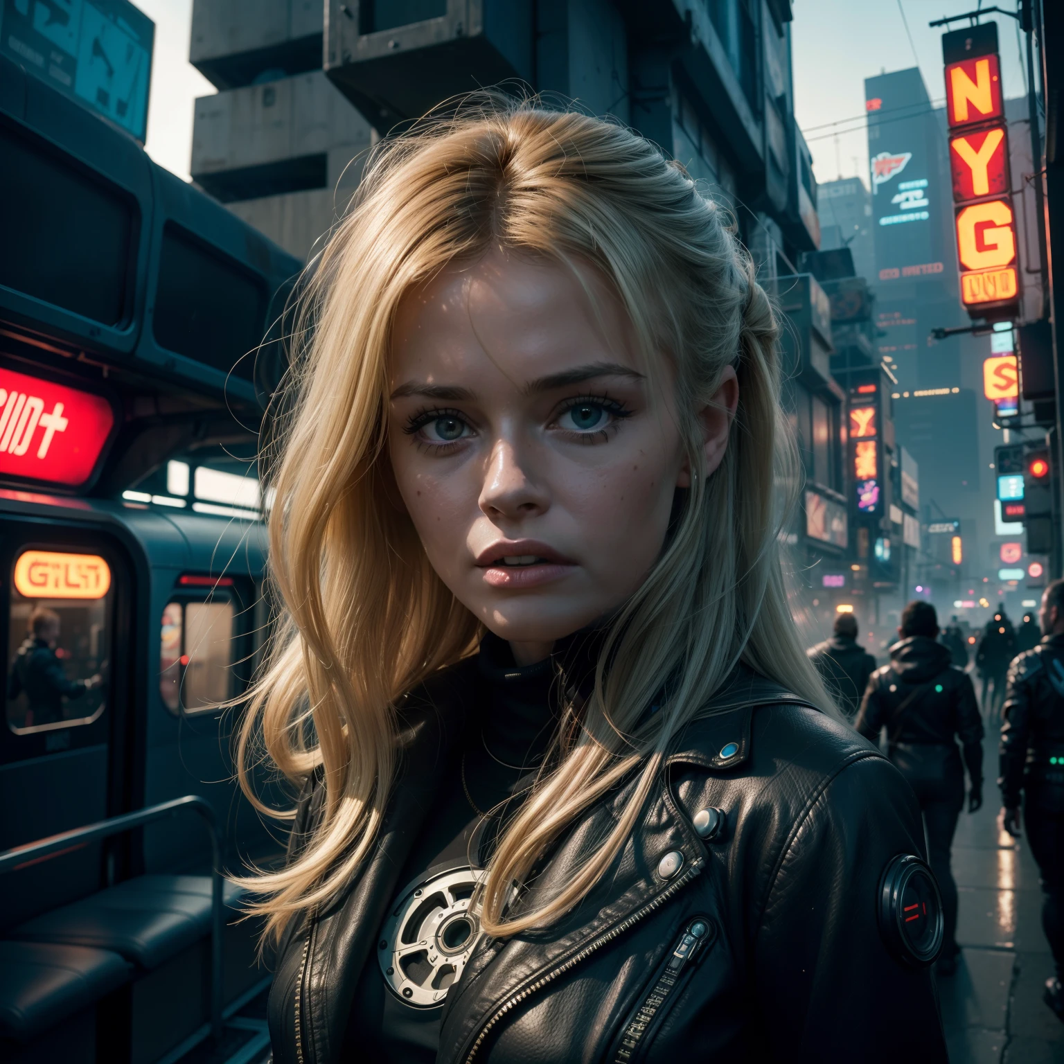 4k Image from a Ridley Scott movie, close up portrait of a cute young girl (Brigitte Bardot) in a cyberpunk city, dystopian society train running through buildings in the background, cyberpunk, artistic, wearing retro-futuristic fashion clothes, alien futuristic technological ornaments and devices, robots, androids, Natural light, cinemactic, Psychedelia, retro-futuristic