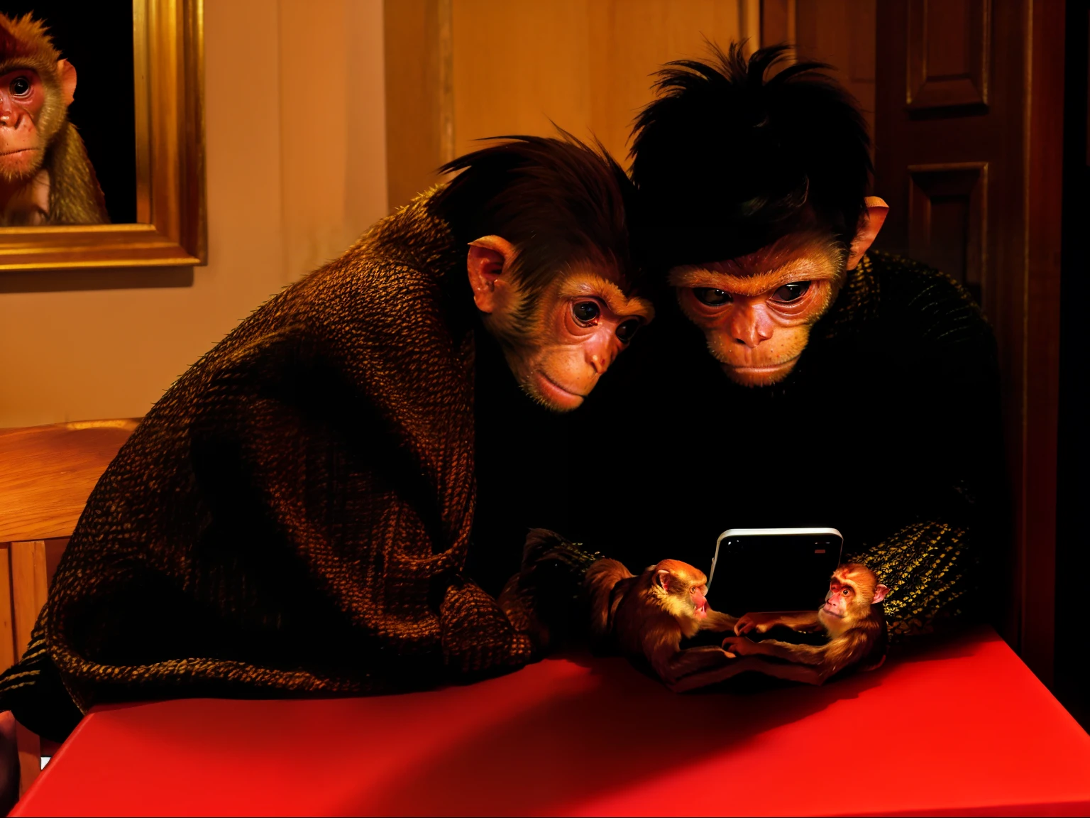 monkeys couple 2 monkeys, they are looking at a cell phone together at a table, looking at his phone, checking her phone, they are in love