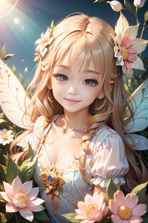 cute little Flowe rFairy, ,Big gradient angel wings Big wings Angel wings Rainbow gradient long hair Pointed ears Flower crown Dress made of leaves Flower Sitting on a big flower Big flower Smiling gently Sparkling Sunshine Big flower