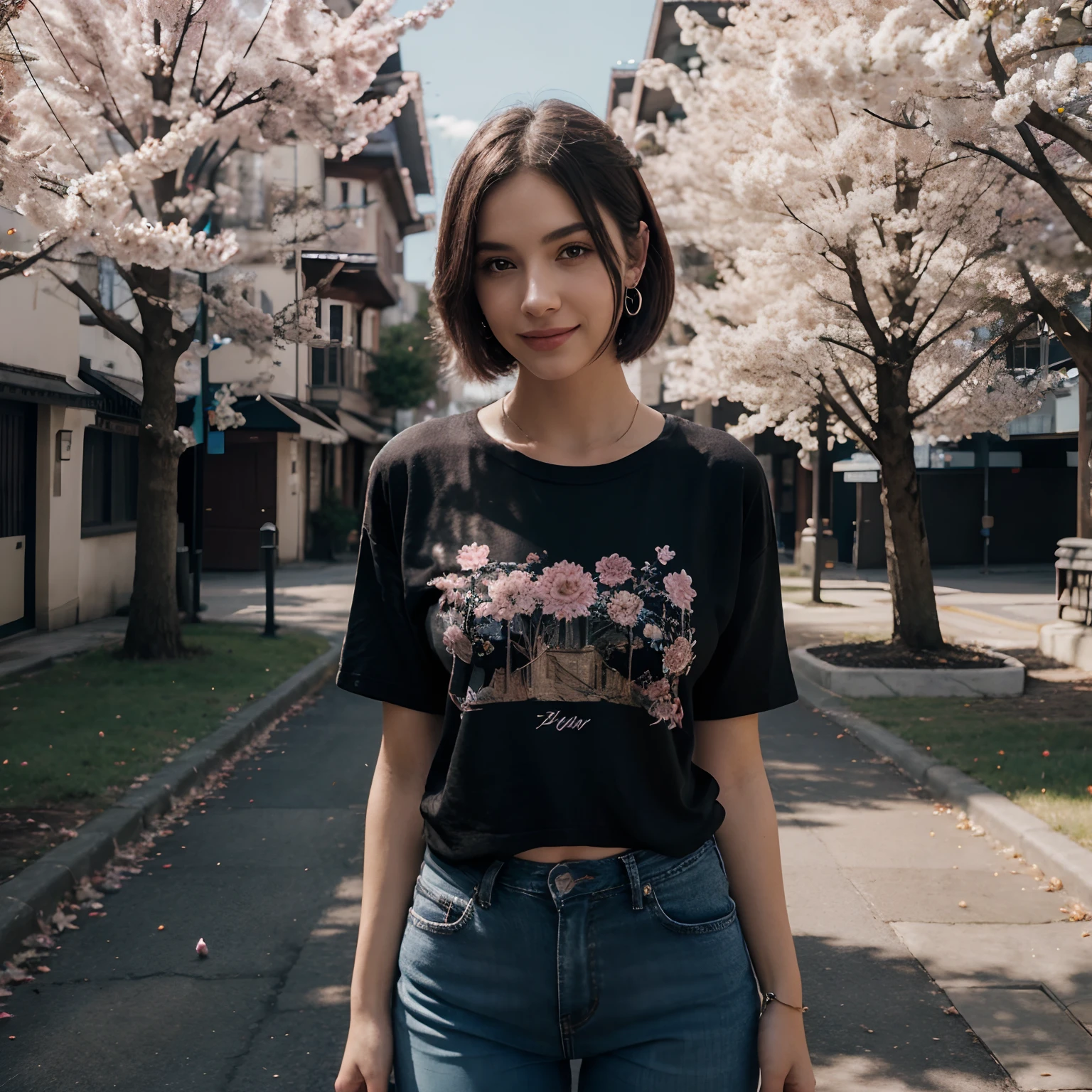 (extremely detailed 8k wallpaper),a medium shot photo of a fearful necromancer, intricate, high detail, dramatic,8k,((masterpiece,ultra-detailed, intricate details, mid quality,illustration)),1girl, solo, highres, looking at viewer, brown and pastel blue hair, short hair, black t-shirt, smiling, wearing t-shirt, wearing black jeans,black earings,street, cherry tree, petals falling, sunlight shining through, solar system, feminine, empowered, beautiful, detailed,wide shot, blush, pretty