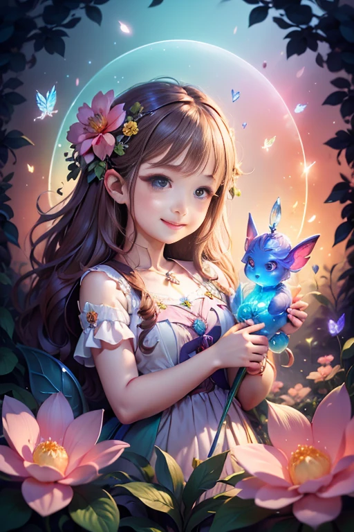 Cute flower fairy ，Hold her glowing wand，The beautiful fairy with a sense of transparency has a bright smile，Let us be happy，Beautiful garden background，Bright rainbow color landscape，infinity of colors，Rich in elements， The facial features are super detailed，very high sharpness、K HD |、8k、