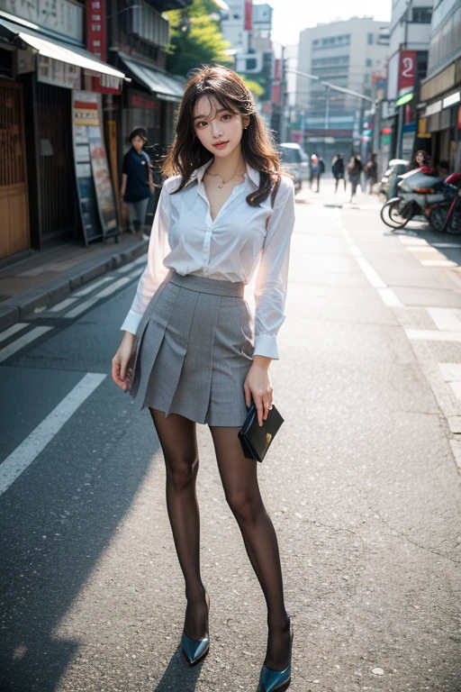 Full body shot, Standing Pose, masutepiece, Best Quality,  1girl in, Wavy Hair, Long gray brunette, Perfect fingers and slender legs, perfcect big smile, yak,look up at viewer, (((Seoul Street))), intriciate detail:1.3 , Detailed background:1.3, detailed skins, pores, hight resolution, nffsw, beautiful model, Soft light on the face, Bop_Model, mideum breasts, cleavage, ((White shirt_Black Narrow Skirt)), Black High Heels, Black pantyhose:1.3, hazy_light_Background with,