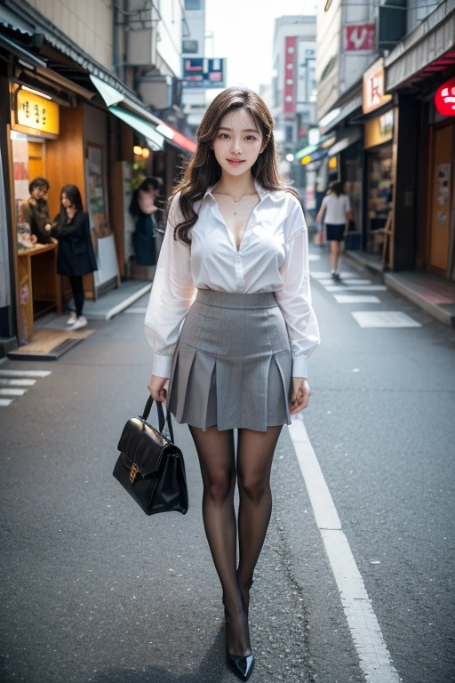 Full body shot, Standing Pose, masutepiece, Best Quality, 1girl in, Wavy Hair, Long gray brunette, Perfect fingers and slender legs, perfcect big smile, yak,look up at viewer, (((Seoul Street))), intriciate detail:1.3 , Detailed background:1.3, detailed skins, pores, hight resolution, nffsw, beautiful model, Soft light on the face, Bop_Model, mideum breasts, cleavage, ((White shirt_Black Narrow Skirt)), Black High Heels, Black pantyhose:1.3, hazy_light_Background with,