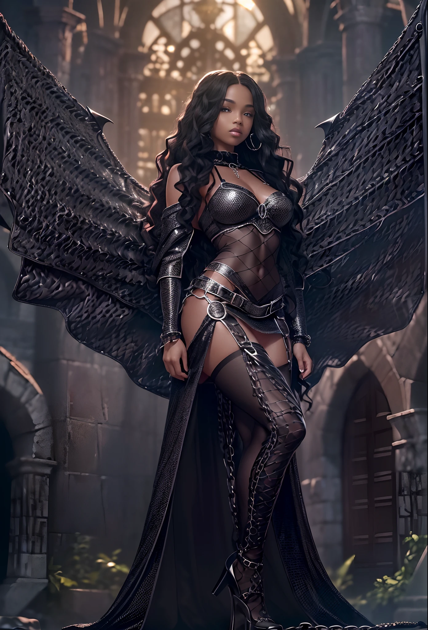 ((20-year-old))), girl, (((light skin))), (((full body pose))), (((long curly black hair))), (((wearing tight chainmail micromini skirt, chainmail bra, open front cloak, wings))), (((seamless, black, pantyhose))), dark castle in the background, dark fantasy, Rich, Deep Colours, (intricate details:0.9), (HDR, hyper-detailing:1.2), (natural skin textures, hyper realisitc, glistening skin, soft light, Sharp),
