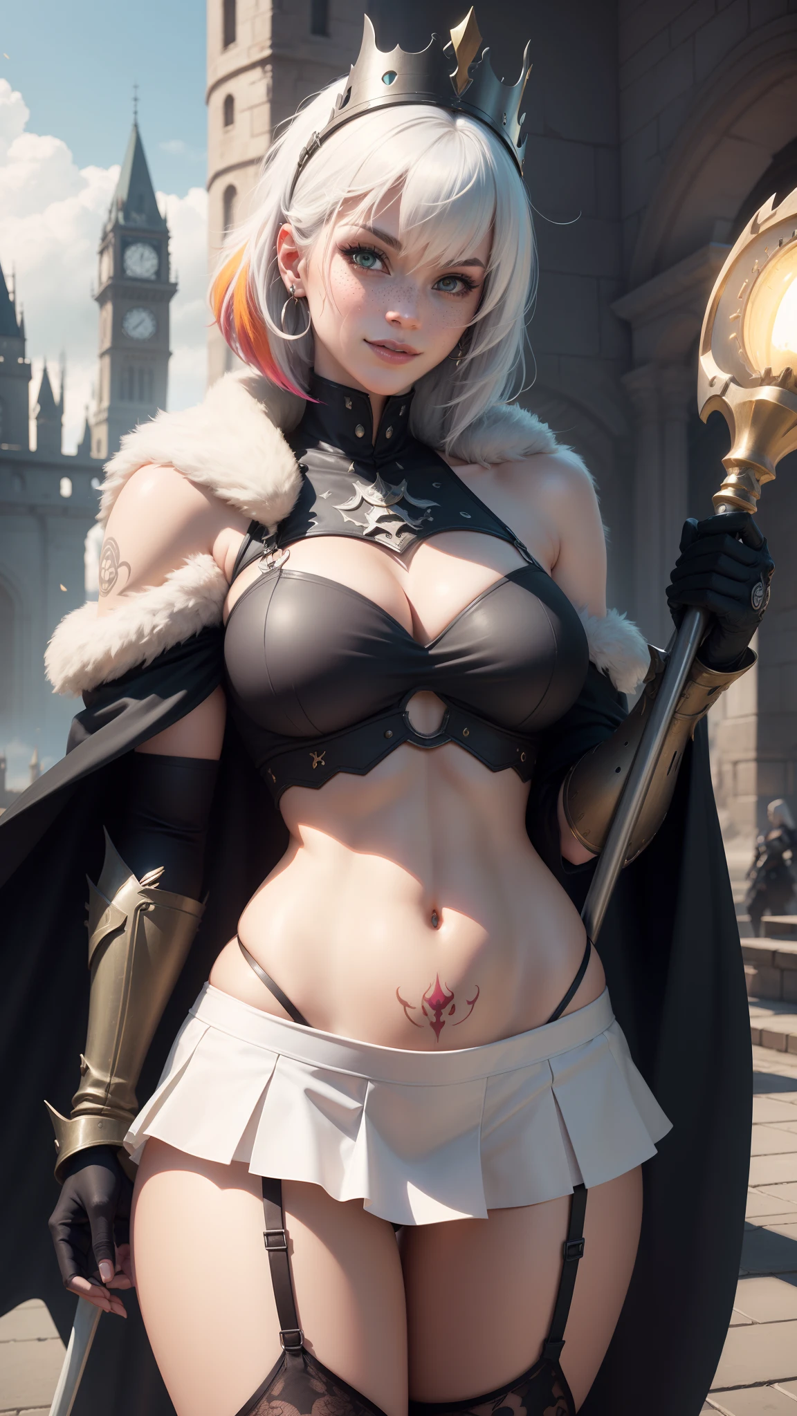 gwen tennyson,y'shtola rhul,yorha 2b, tracer,nier automata,overwatch,close up,mecha pilot,castle hall,tattoos, blue and yellow plugsuit,white short sleeve chestplate top,long open front victorian ruffle skirt,white garter belt,uncovered belly,short hair,punk makeup,green eyes,multicolored silver hair,sexy smile,freckles,beautiful girl,large breasts,8k,ultra detailed,realistic,fantasy art,fur armor,steel armor,queen dress, queen cape,ear piercings,hair pin,saiyan girl,saiyan female,queen crown,castle banners,queen scepter,