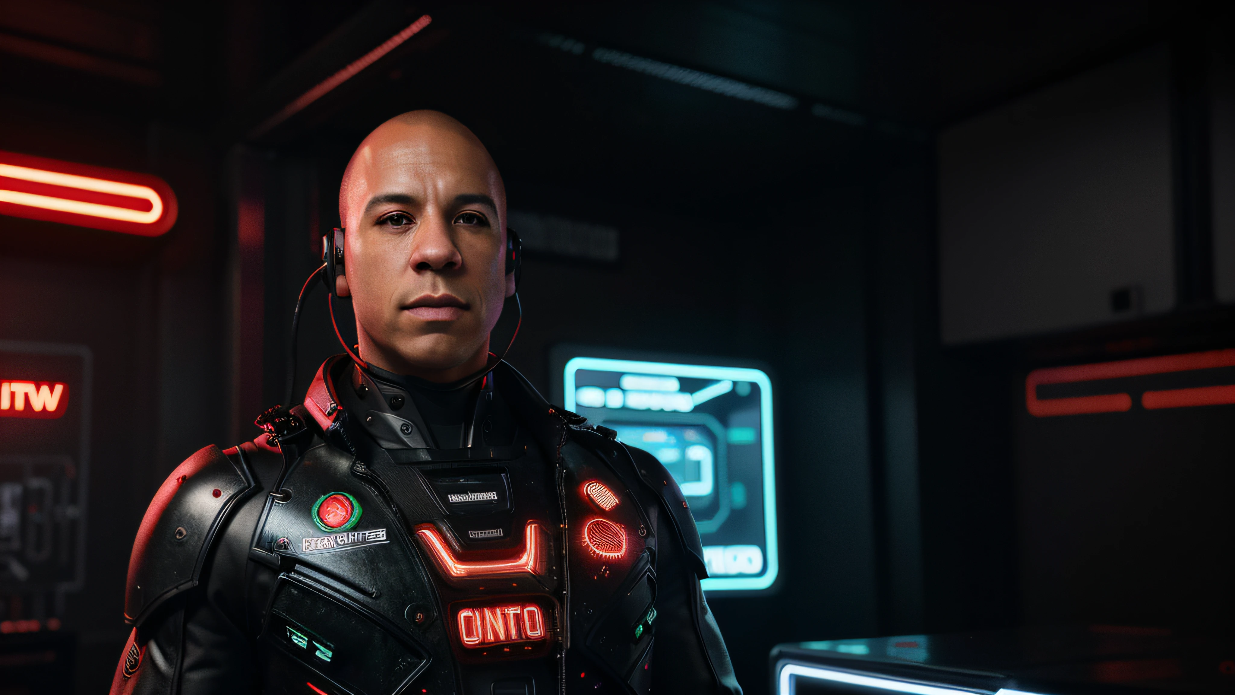 Cinematic Ultra Realistic 8k Centralized Portrait Vin Diesel, In a shiny black mechanical android costume with red details and lights with intricate cybernetic implants Headset with red neon angled inside a building with red neon lights, bem iluminado, Cyberpunk, foto premiada, Bokeh, Red Neon Lights, cybernetic limb