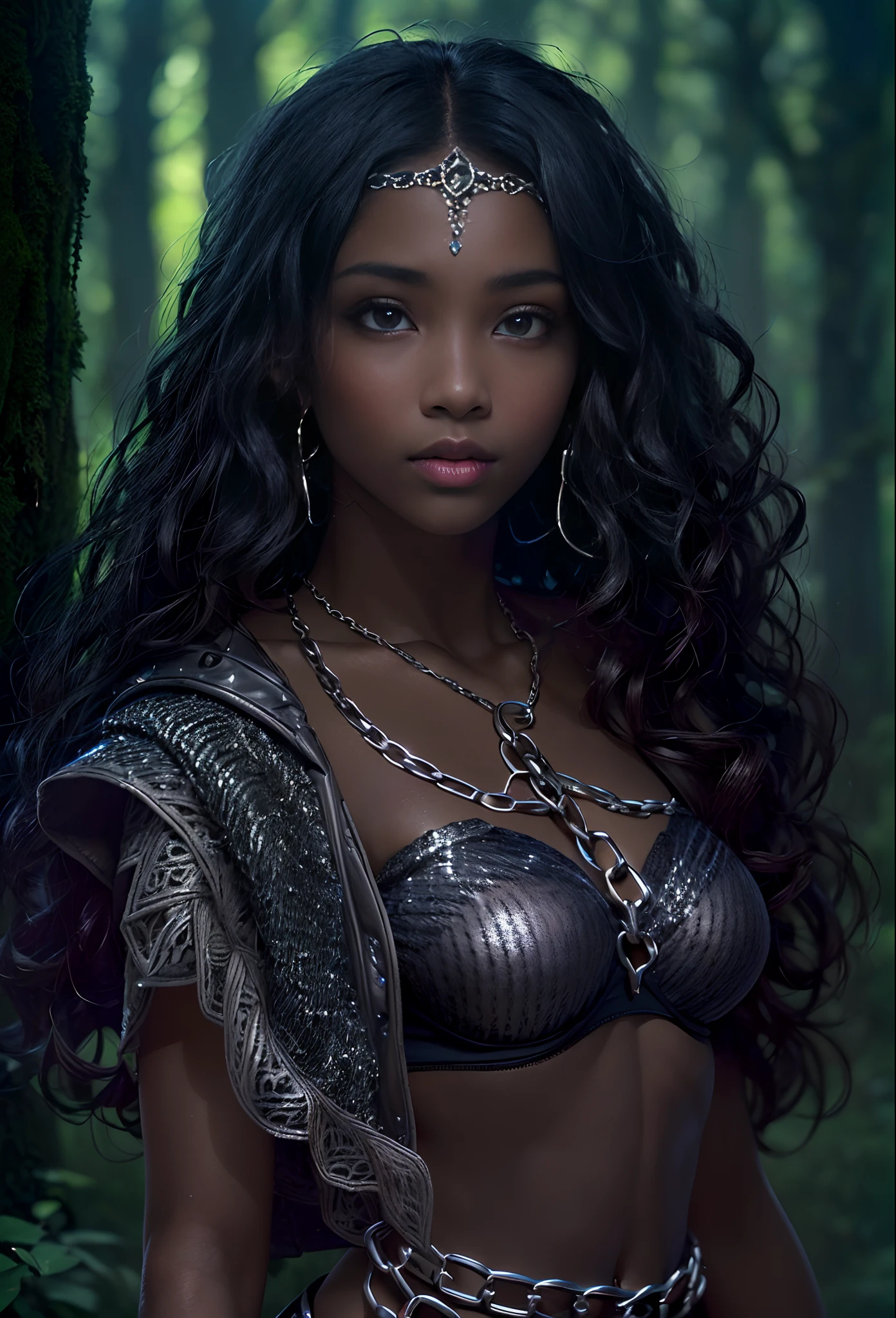 ((18-year-old))), black girl, (((light skin))), (((full body pose))),  (((long curly black hair))), (((wearing tight chainmail micromini skirt, chainmail bra, open front cloak))), (((seamless, black, pantyhose))), (((submissive))), (((metal choker))), standing in the dark woods at night, moonlight shining through the dense canopy, (((dark castle in the background))), dark fantasy, Rich, Deep Colours, (intricate details:0.9), (HDR, hyper-detailing:1.2), (natural skin textures, hyper realisitc, glistening skin, soft light, Sharp),