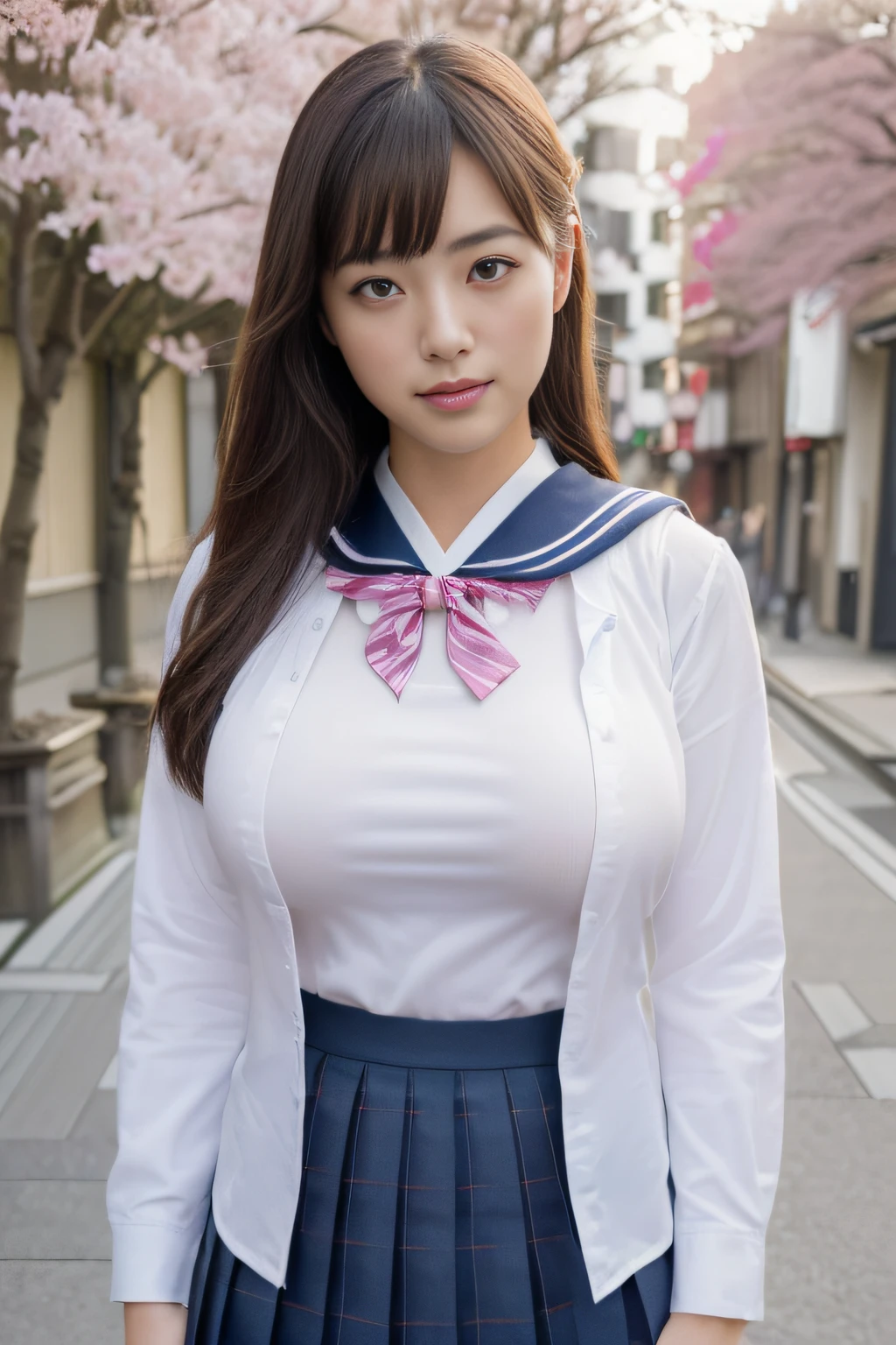 (Best Quality,8K,High resolution:1.2),(Beautiful realistic Japan person:1.6)、(cute Japanese girls:1.4),(Huge breasts:1.25),(Glamorous body),(School uniform,bra very,Pleated skirt,Sailor collar,White shirt:1.2)、、Professional、(My dear woman、Joy of Loving、Heartbeat in the chest)、Run in a hurry、Embankments、put your hair up