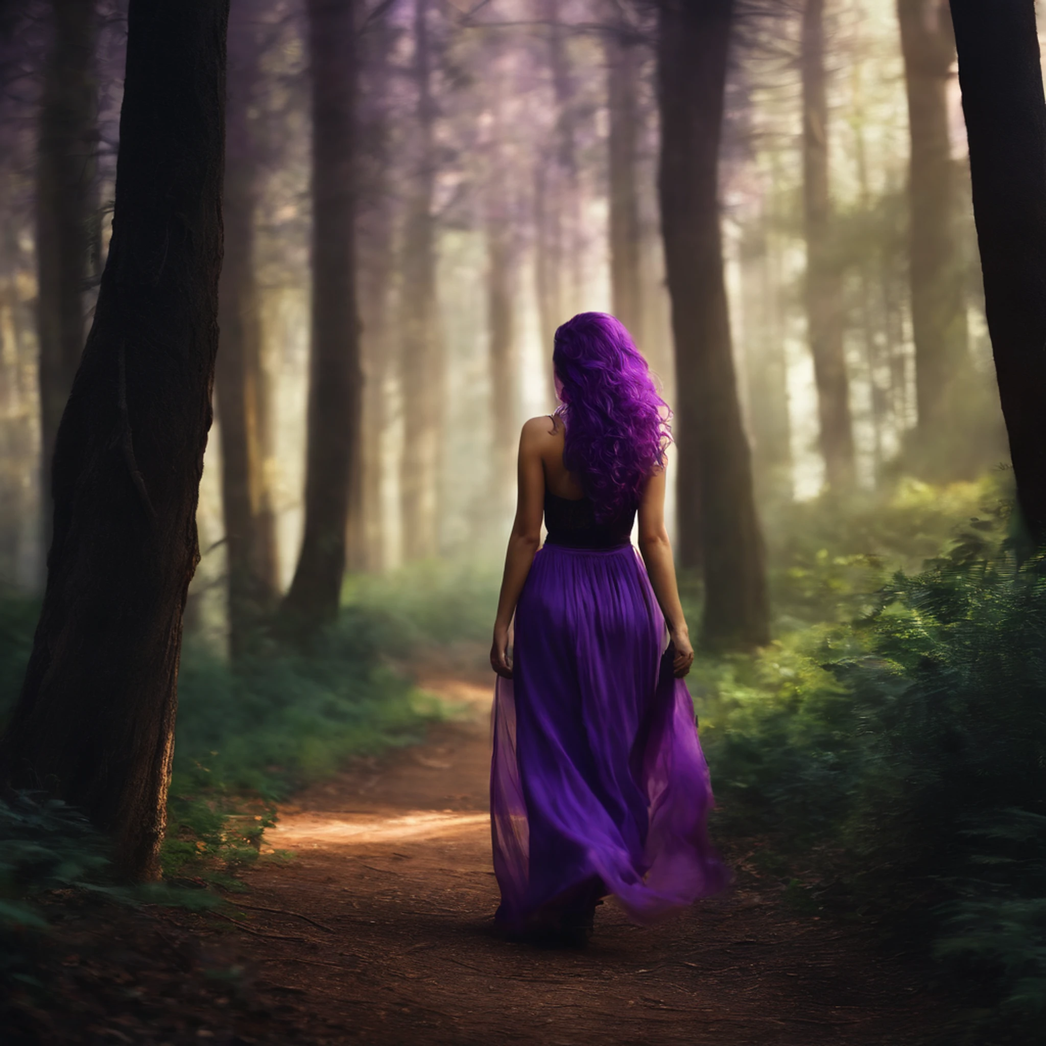 create an women character named Samir, walking in the forest of Lebanon, realistic, purple hair,1girl,