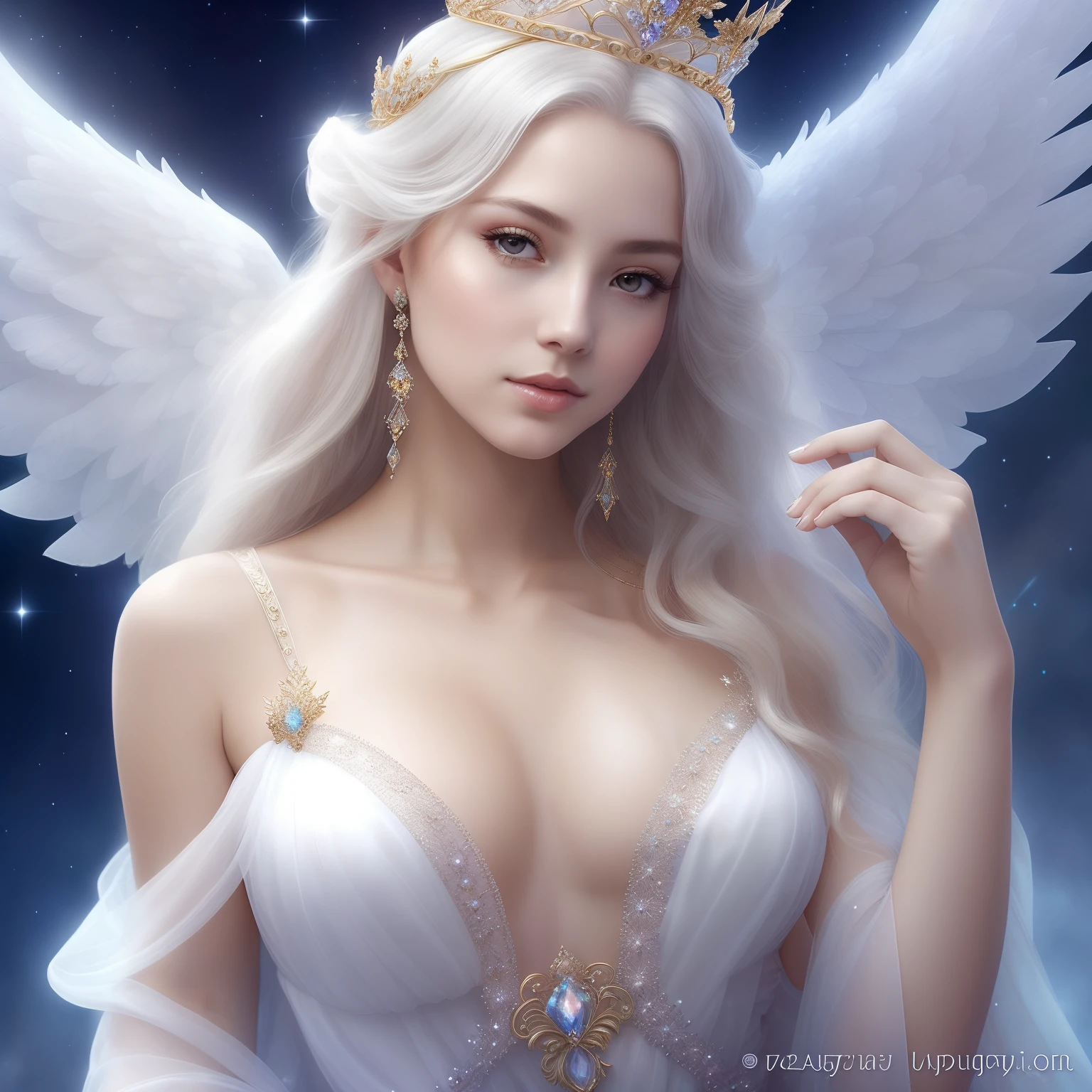 Wearing a crown on the head、Woman in a transparent dress, a beautiful female angel, a beautiful fantasy empress, of beautiful angel, Beautiful Angel, Portrait of a beautiful angel, ((a beautiful fantasy empress)), of an beautiful angel girl, angel knight girl, portrait of queen of light, digital fantasy art ), beautiful fantasy art, Goddess. extremely high detail, beautiful goddess